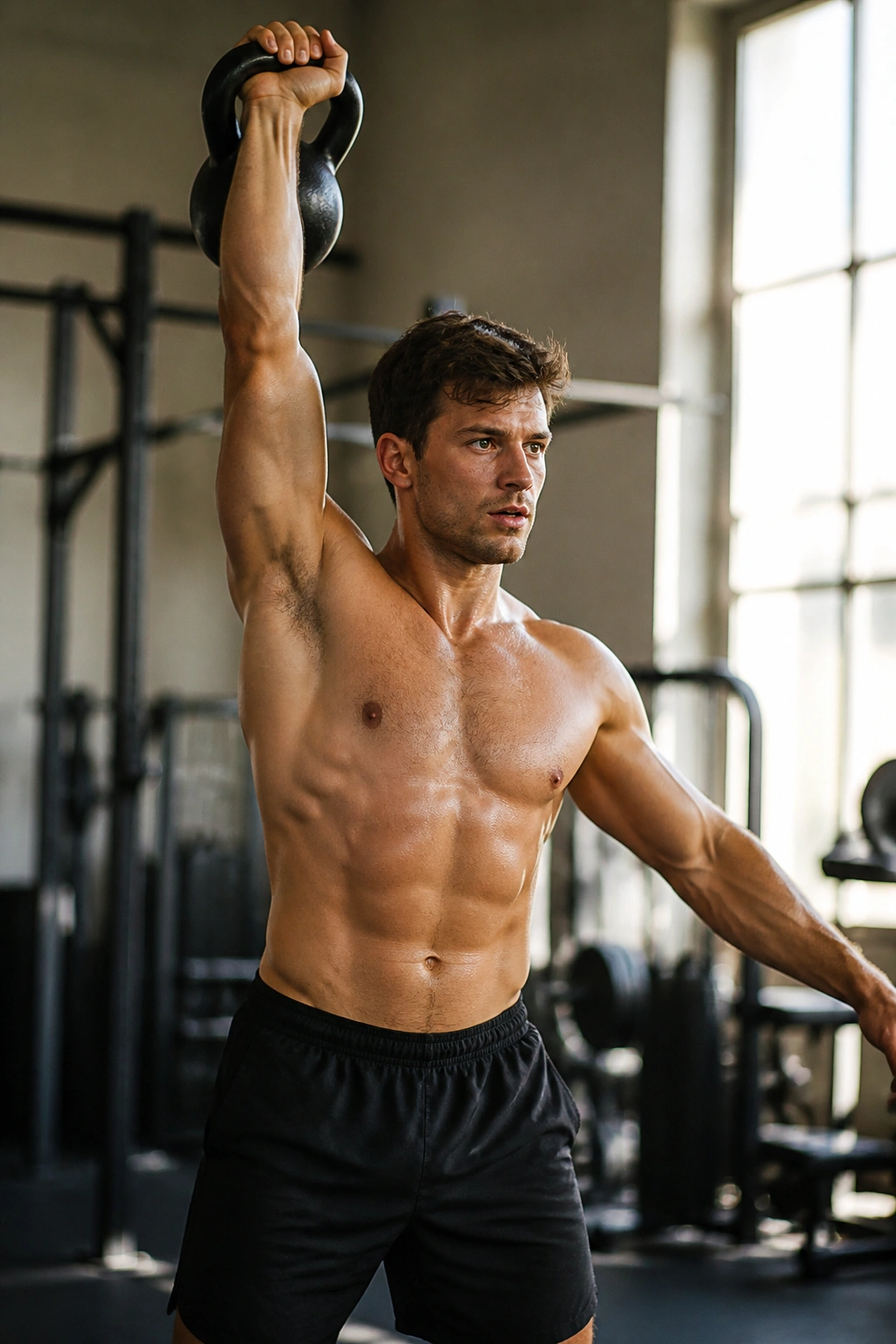 Medium close-up of a person performing kettlebell snatch overhead in a gym, showcasing upper body engagement
