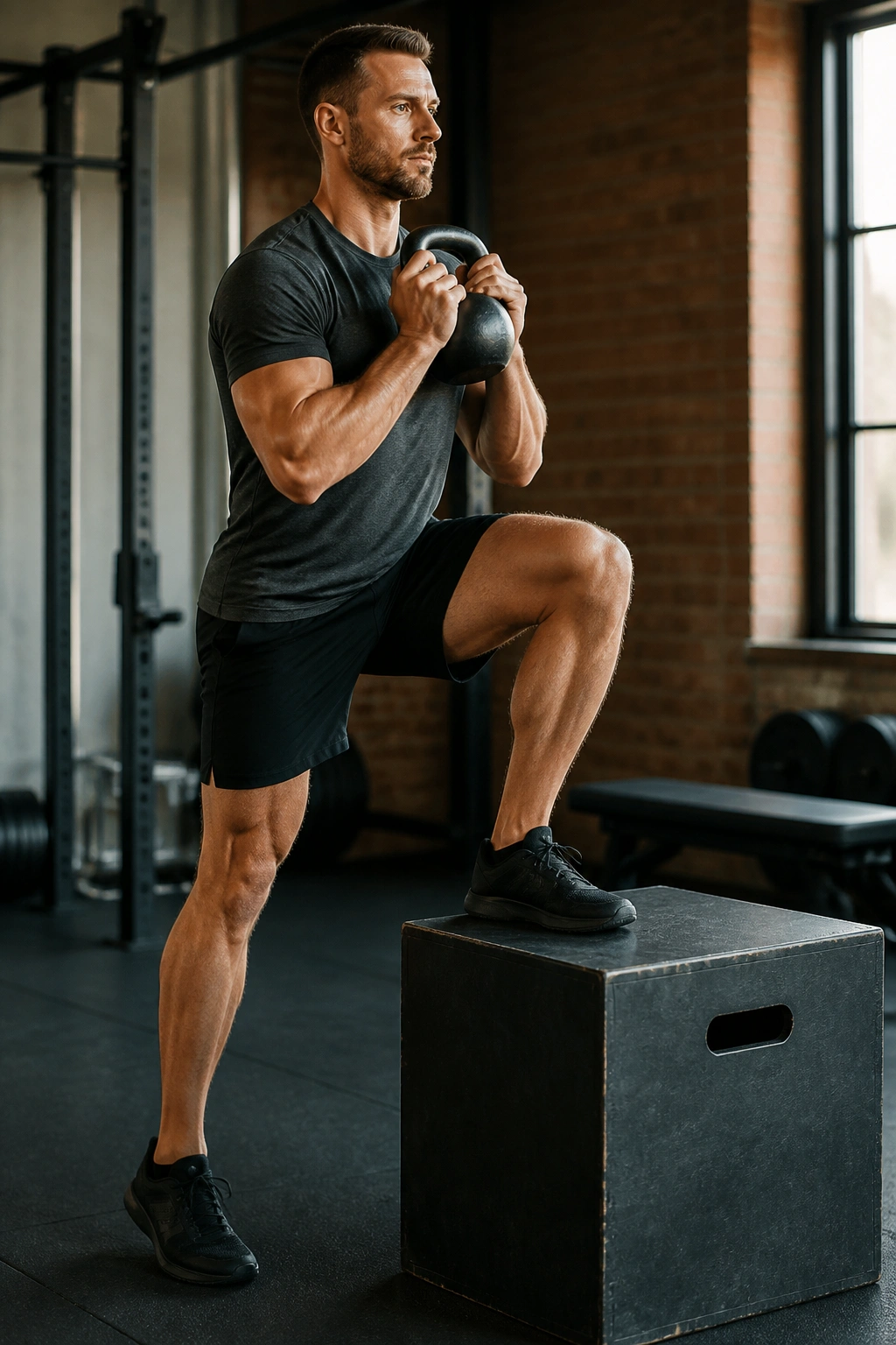 Medium-close shot of a person doing kettlebell step-ups on a box