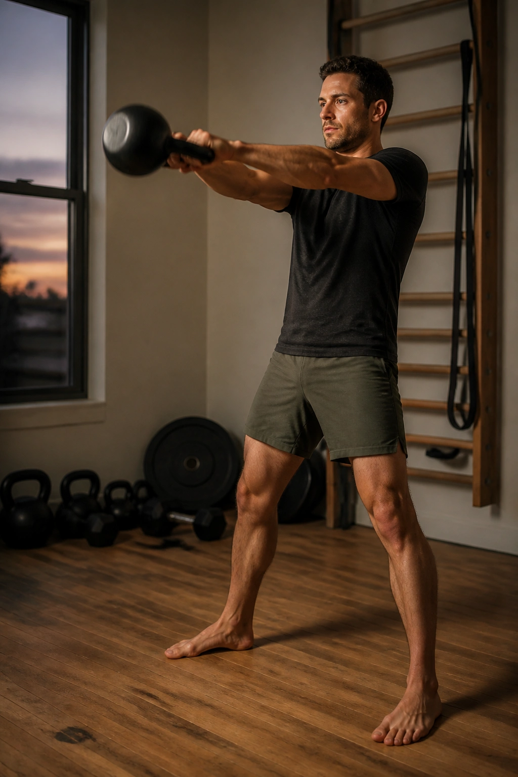 Person performing kettlebell swing in a home gym with strong hip drive