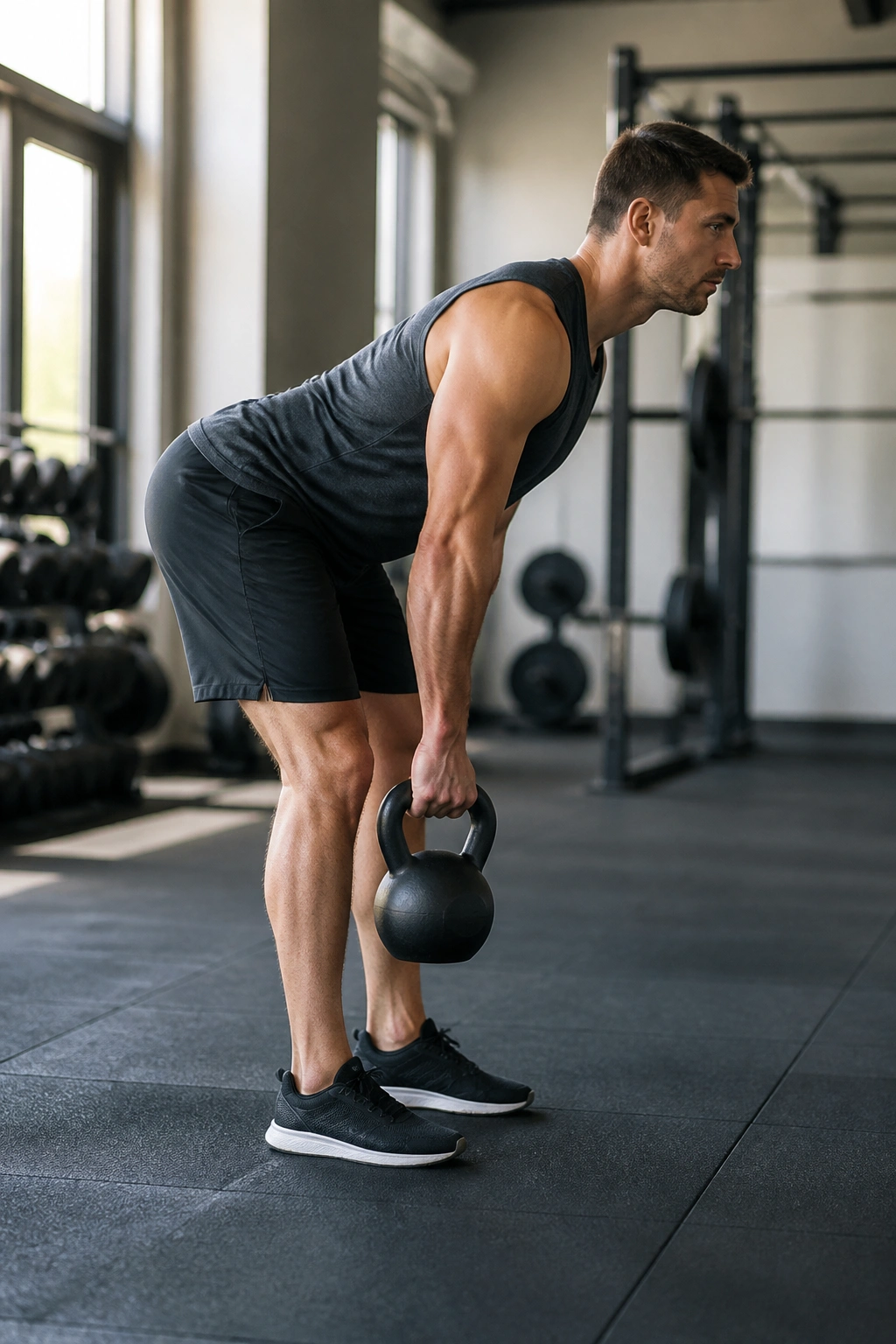 Person performing kettlebell suitcase deadlift with kettlebell at one side.