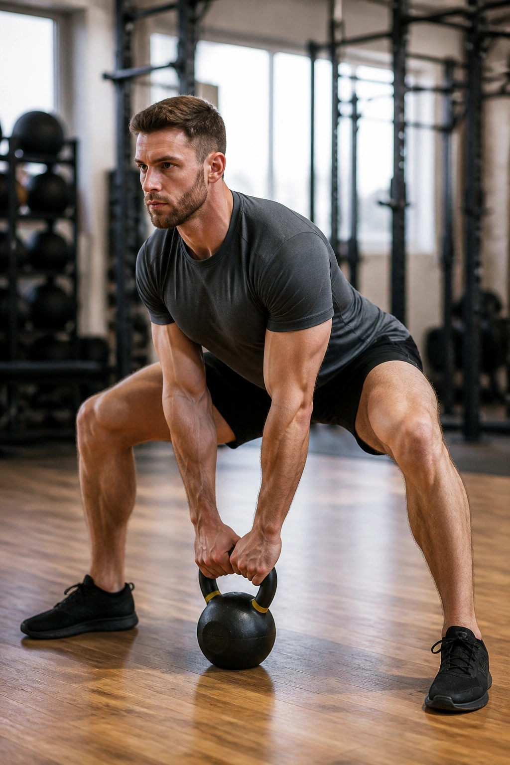 Portrait of athlete in Kettlebell Sumo RDL in gym