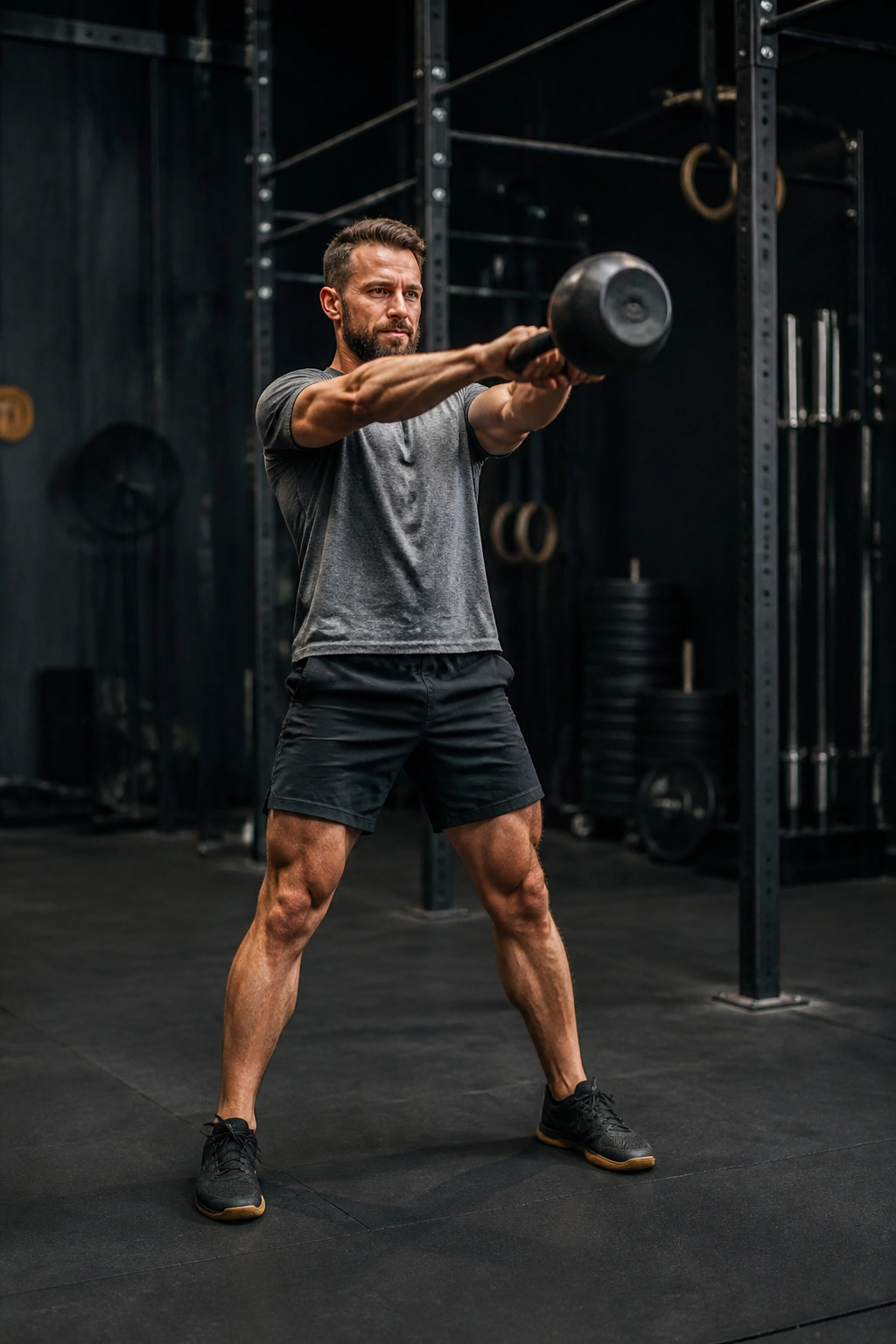 Athlete performing kettlebell swings as part of a benchmark workout