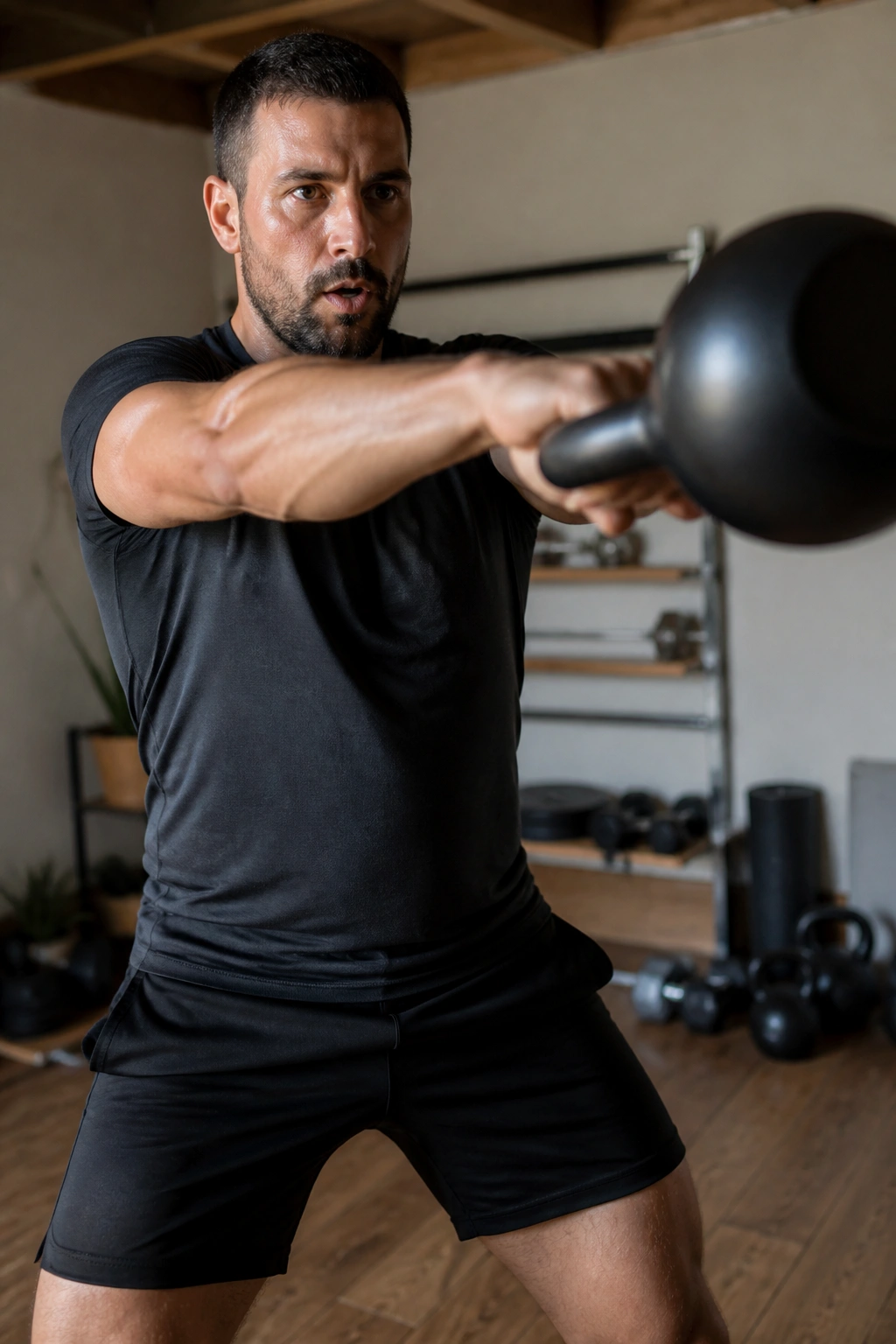 Person performing kettlebell swing in a compact home gym