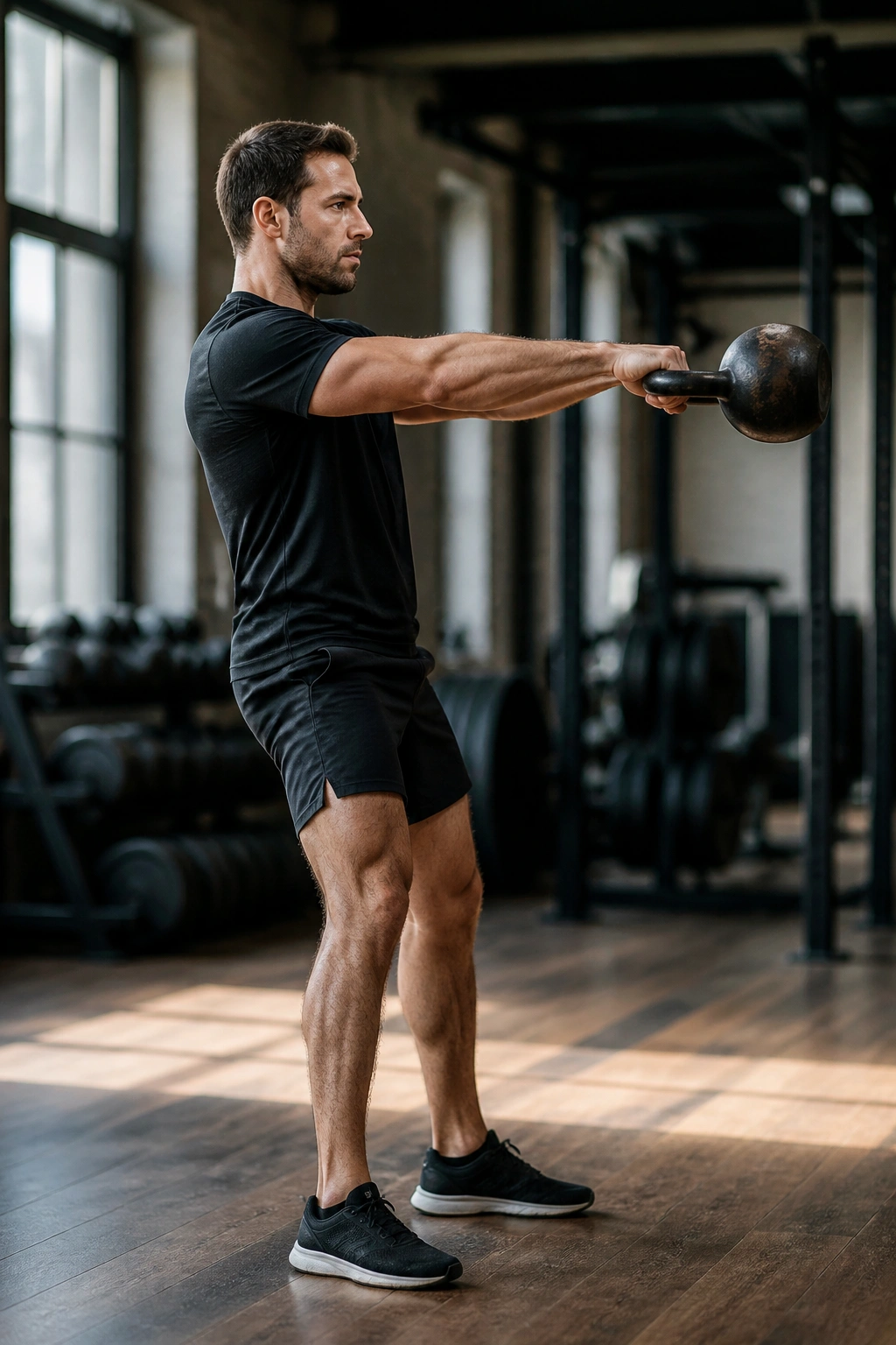 Person swinging a kettlebell in a gym for Kettlebell Swing and Carry Challenge