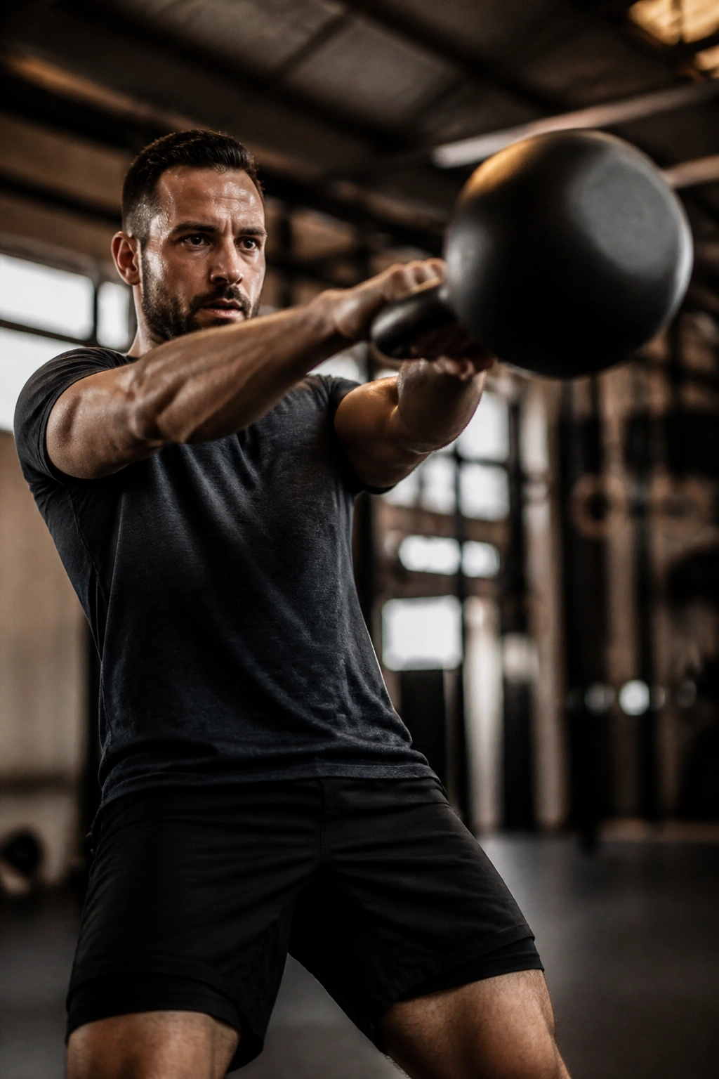Person performing kettlebell swing in gym