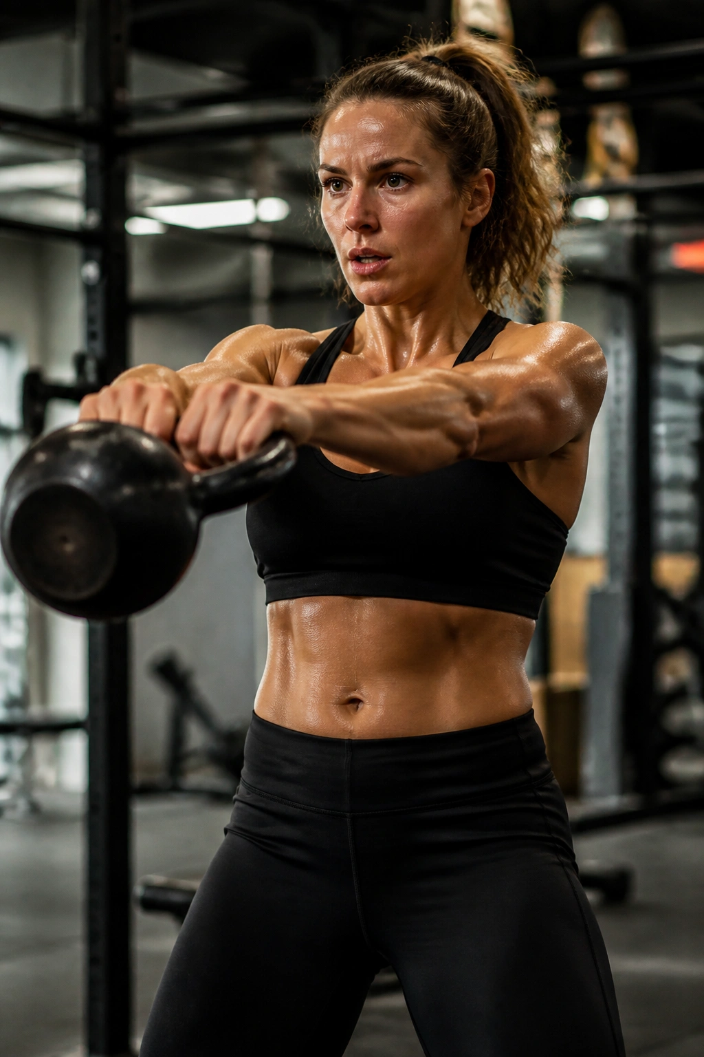 Person performing kettlebell swing in gym circuit