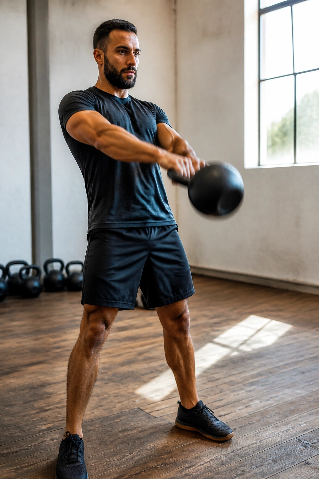 Person performing kettlebell swing in a gym