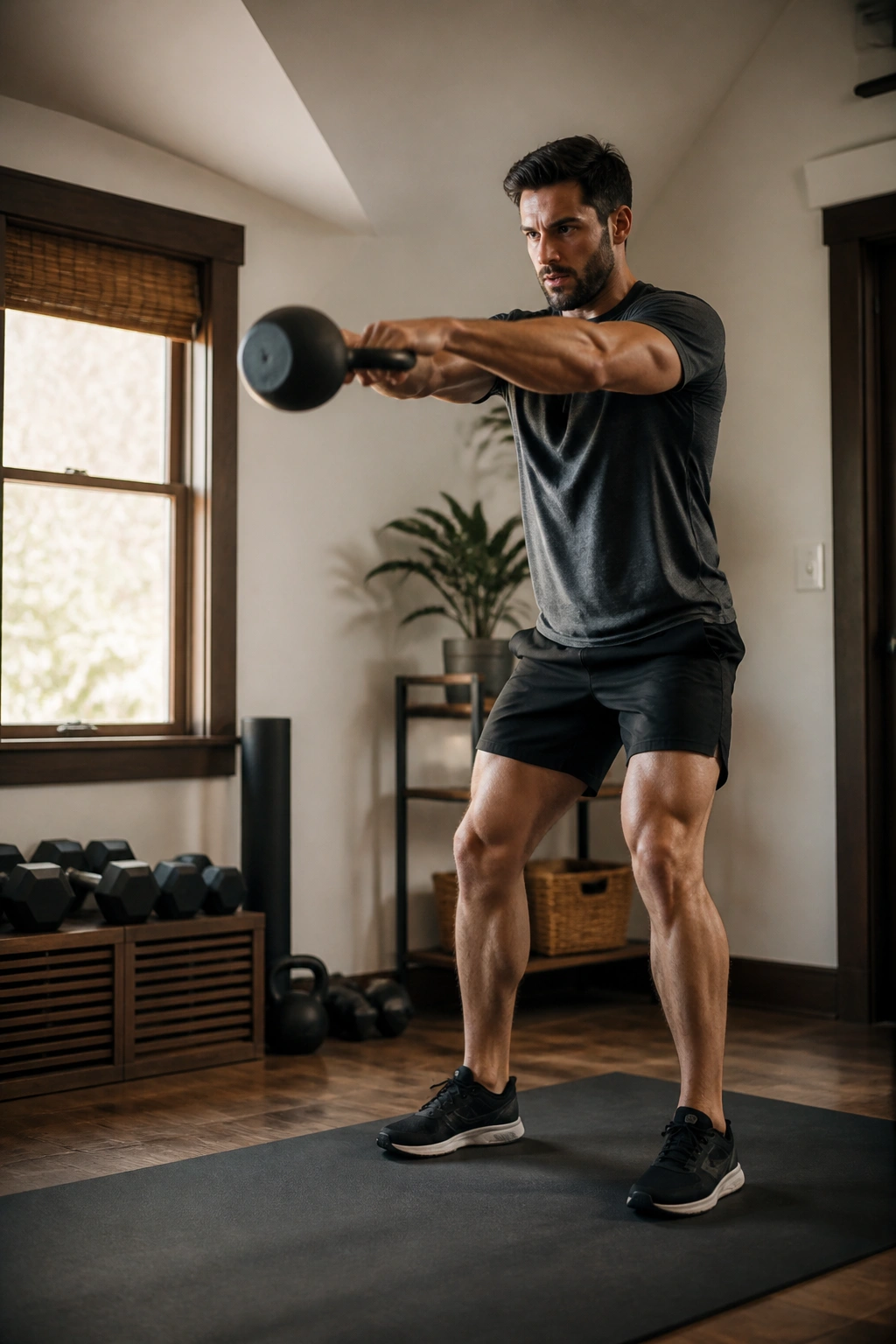 Athlete performing kettlebell swing in a home gym showing hip hinge and breathing