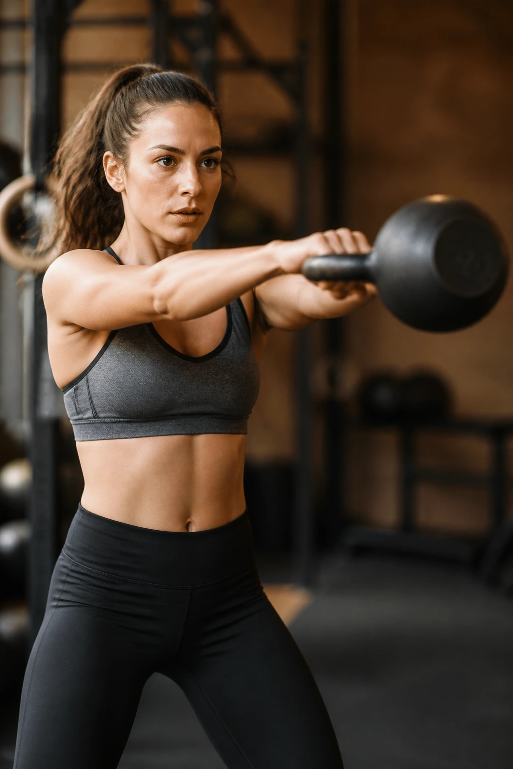 Real woman performing kettlebell swings with hips hinge in gym