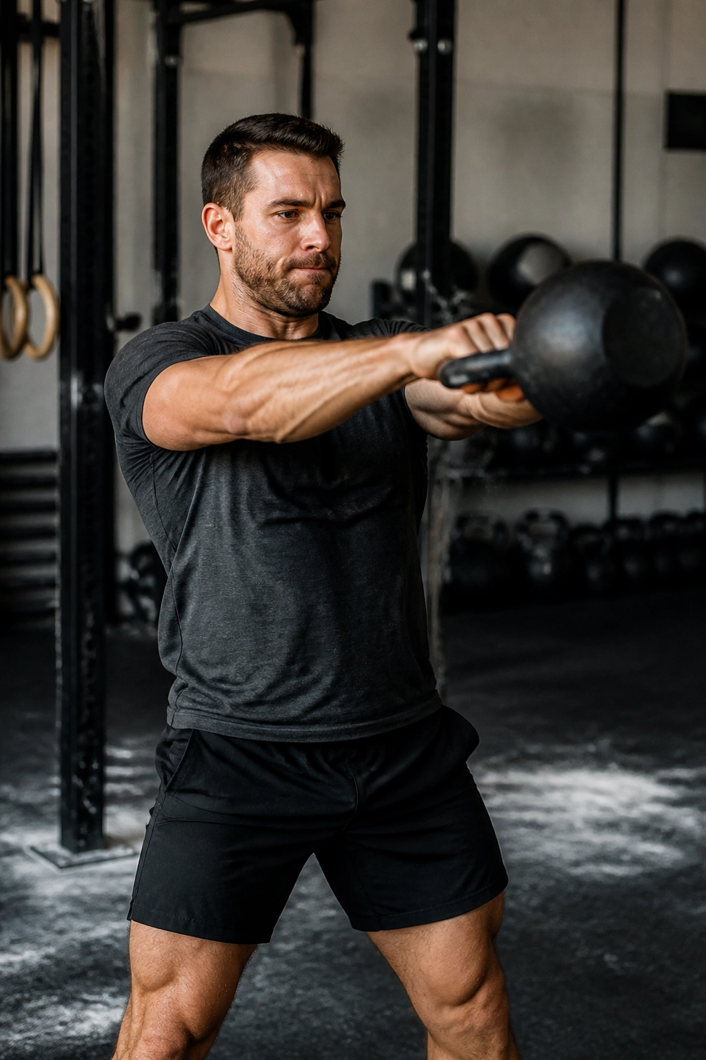 Athlete performing kettlebell swing in a gym as part of a complex