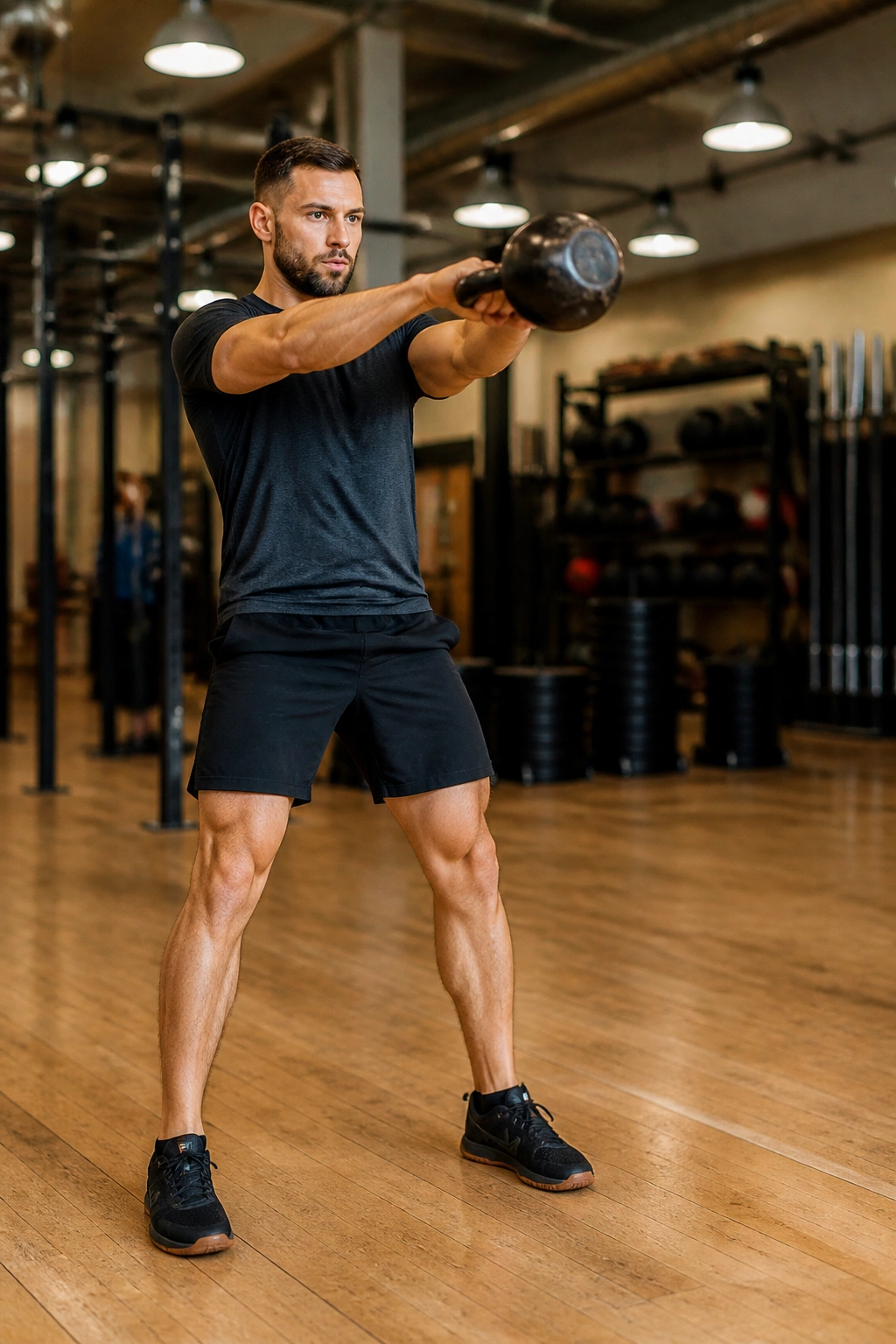 Person performing a kettlebell swing as part of a complex workout in a gym