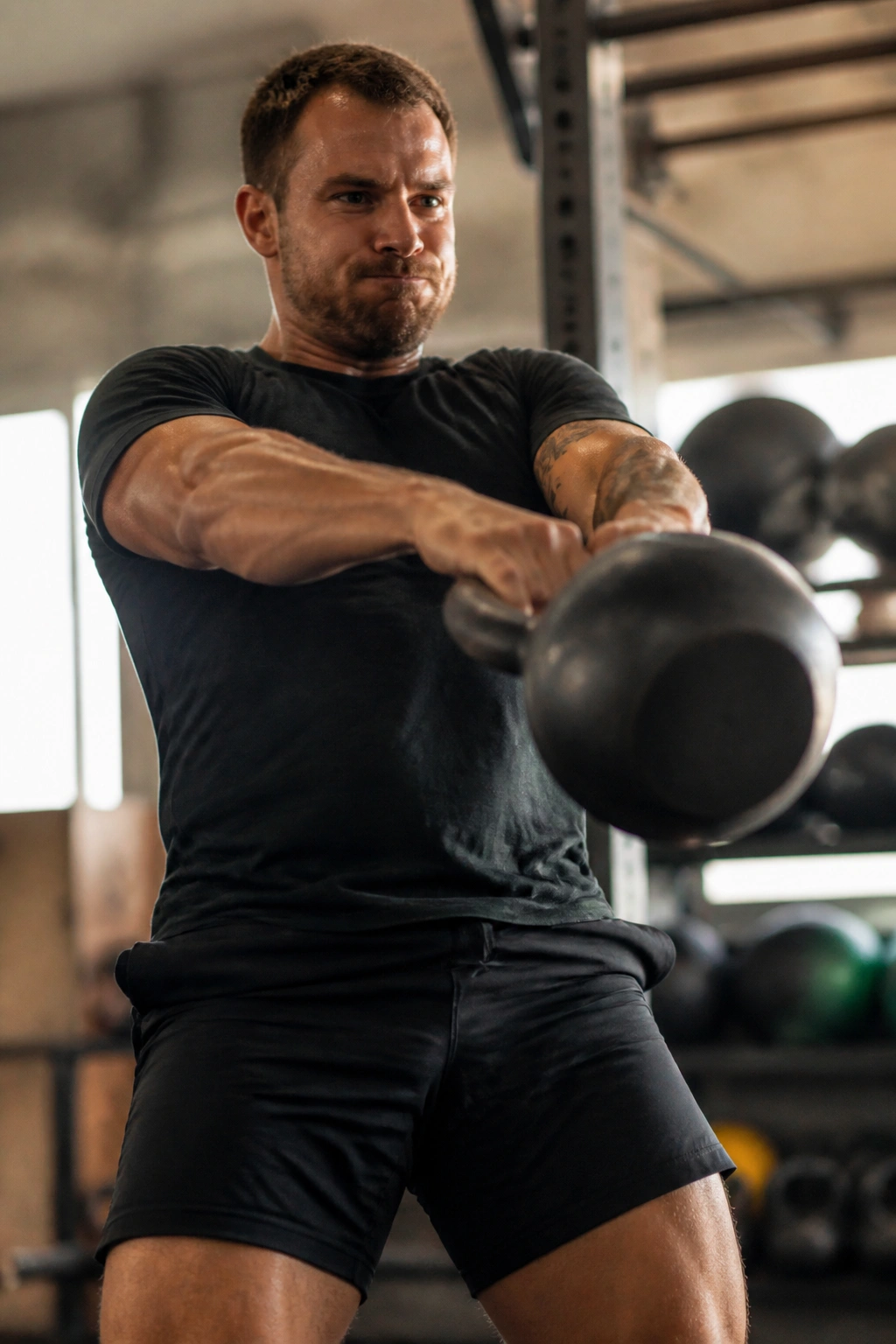 Medium close-up of a person performing a kettlebell swing in a gym, hip drive emphasis