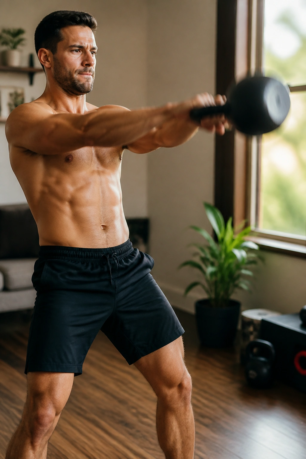 Close-up of a person performing kettlebell swing in a home gym