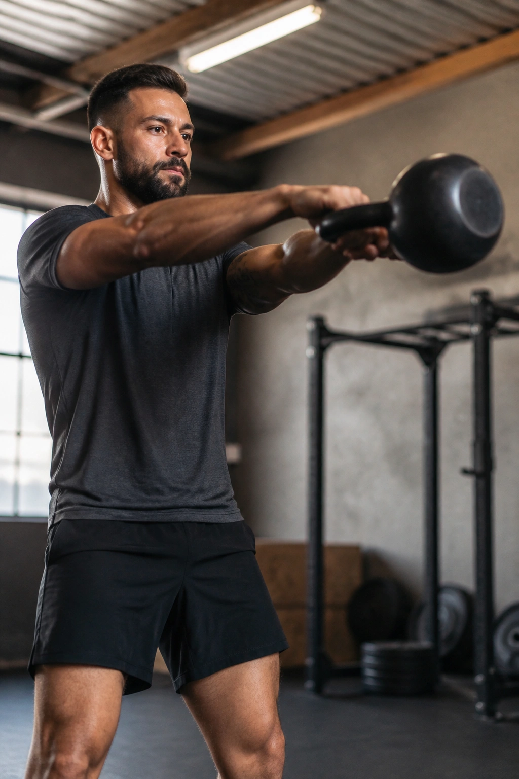 Person performing kettlebell swing in a gym with bell in motion