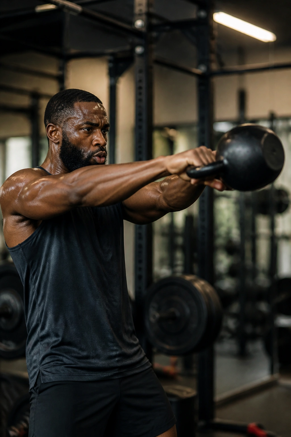 Person performing kettlebell swing in a gym