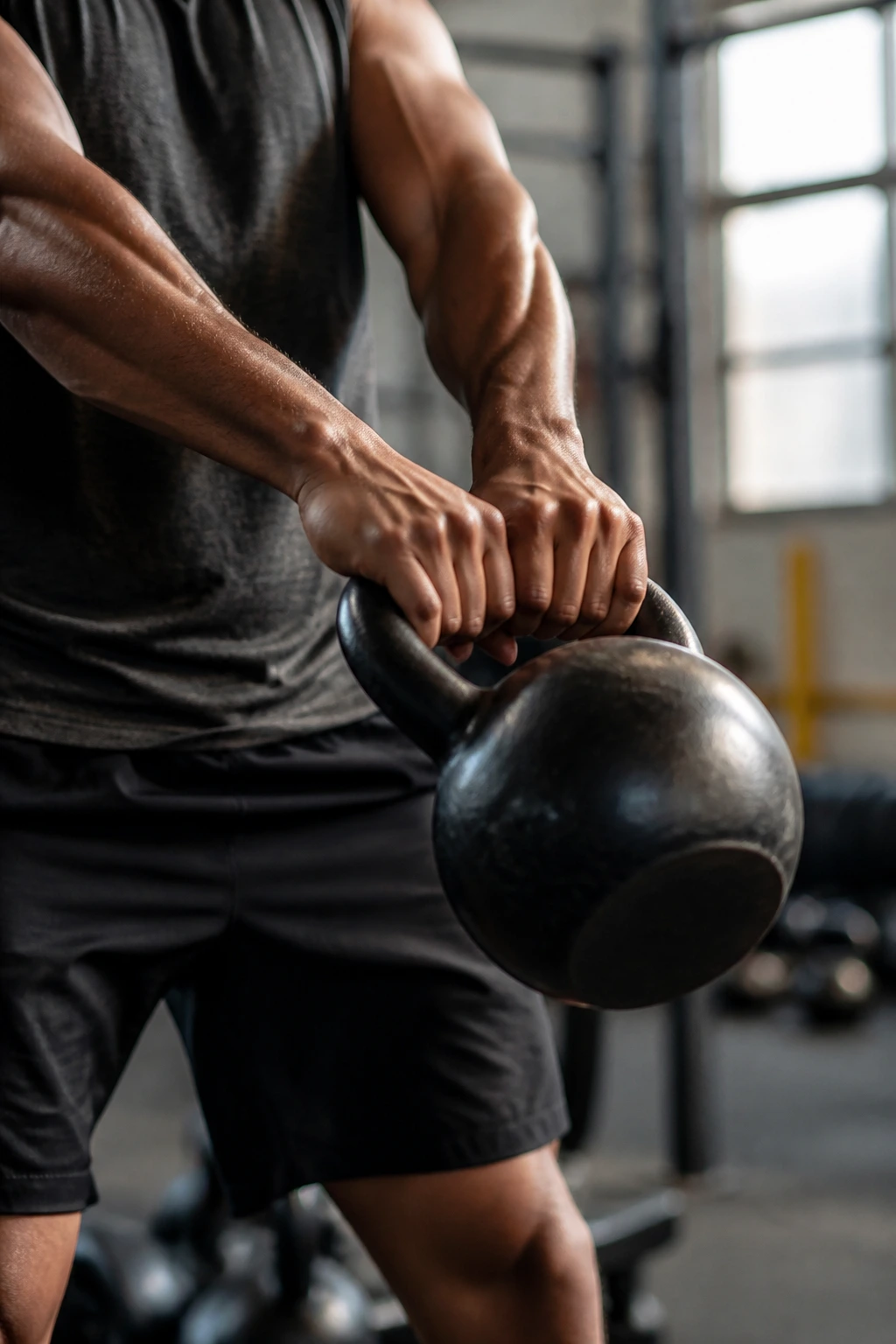 Close-up of hands gripping a kettlebell mid-swing in a gym