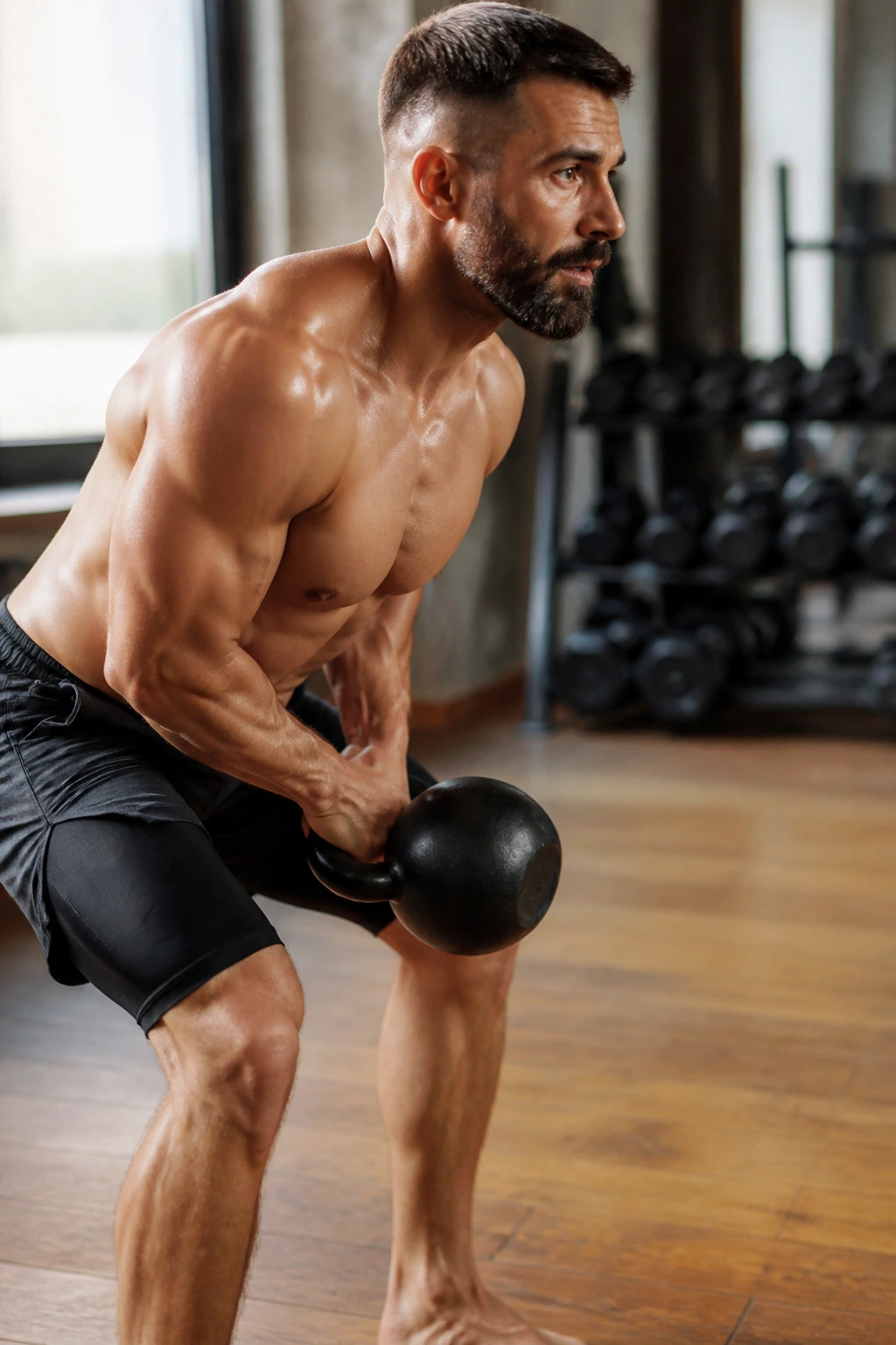 Close-up of kettlebell two-handed swing in gym highlighting hip hinge and bell path