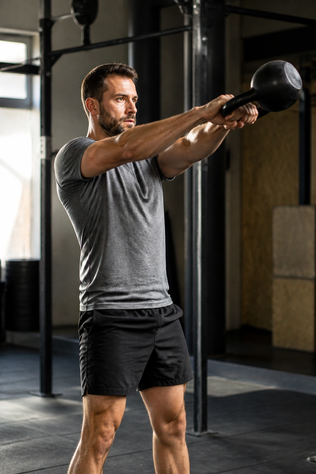 Medium close-up of a person performing kettlebell swing in gym