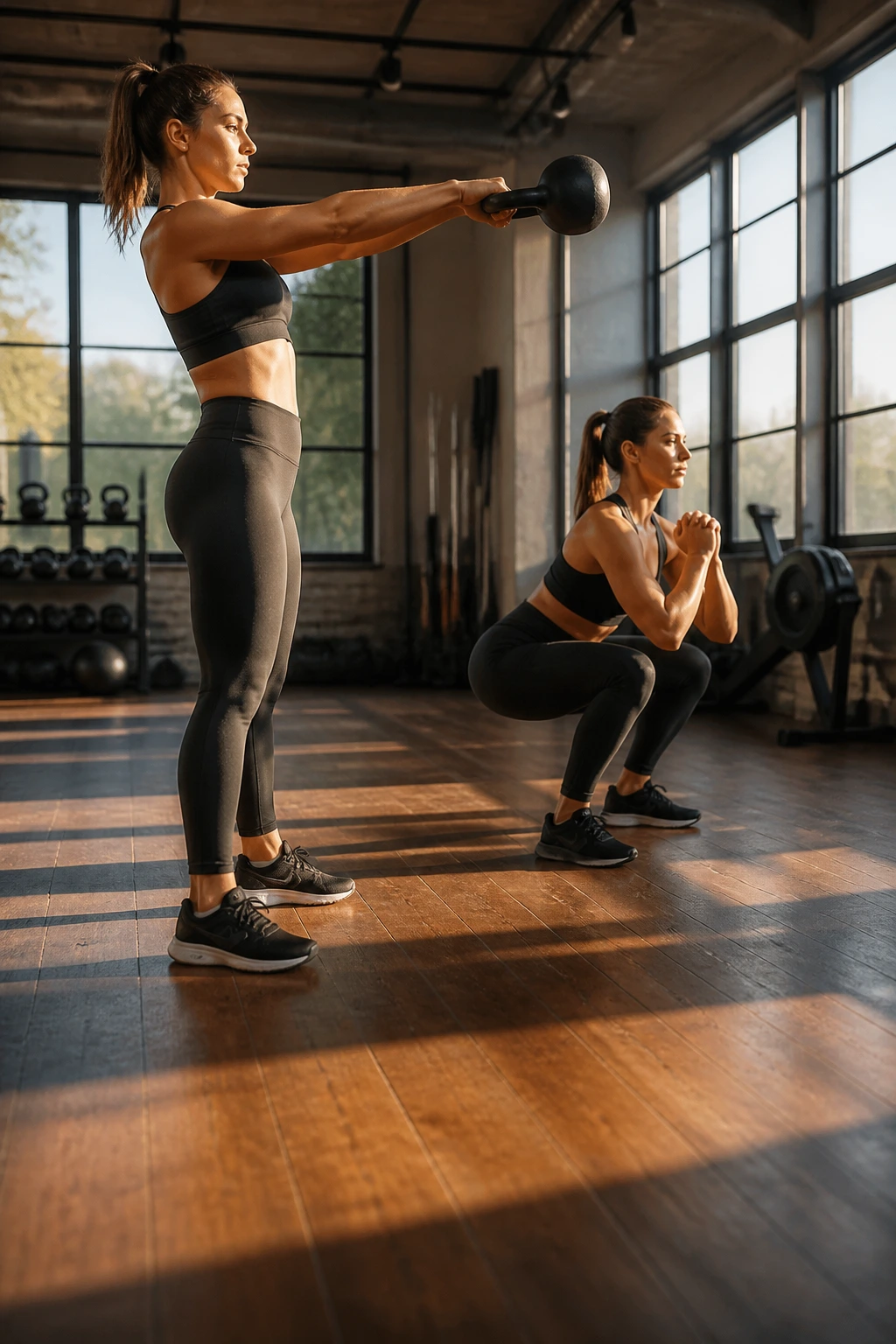 Side view of a person performing kettlebell swings in a gym