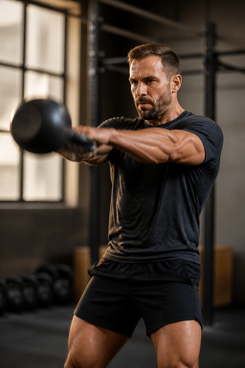 Mid-action shot of a person performing kettlebell swing in gym