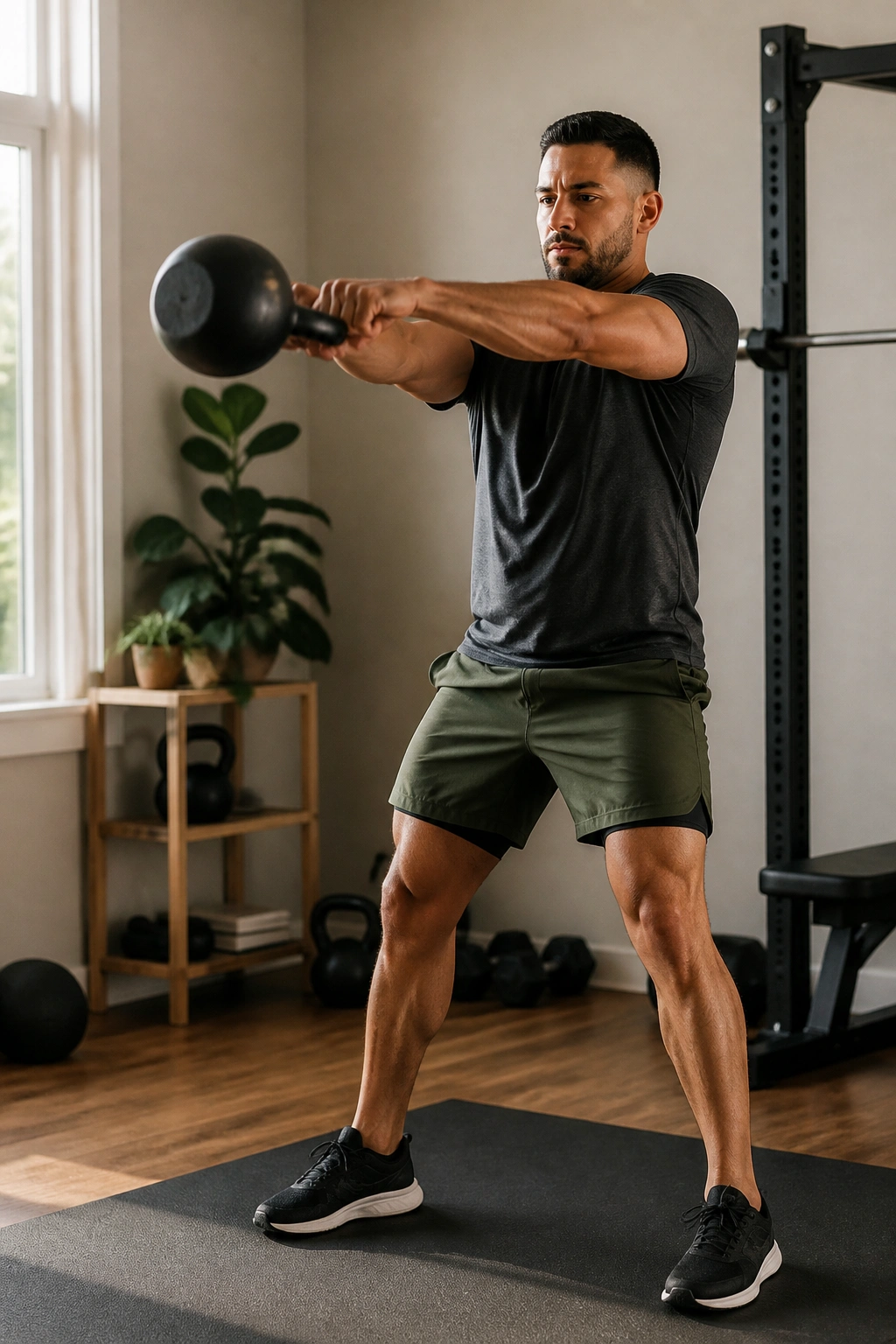 Mid-shot of a person performing kettlebell swings in a home gym.