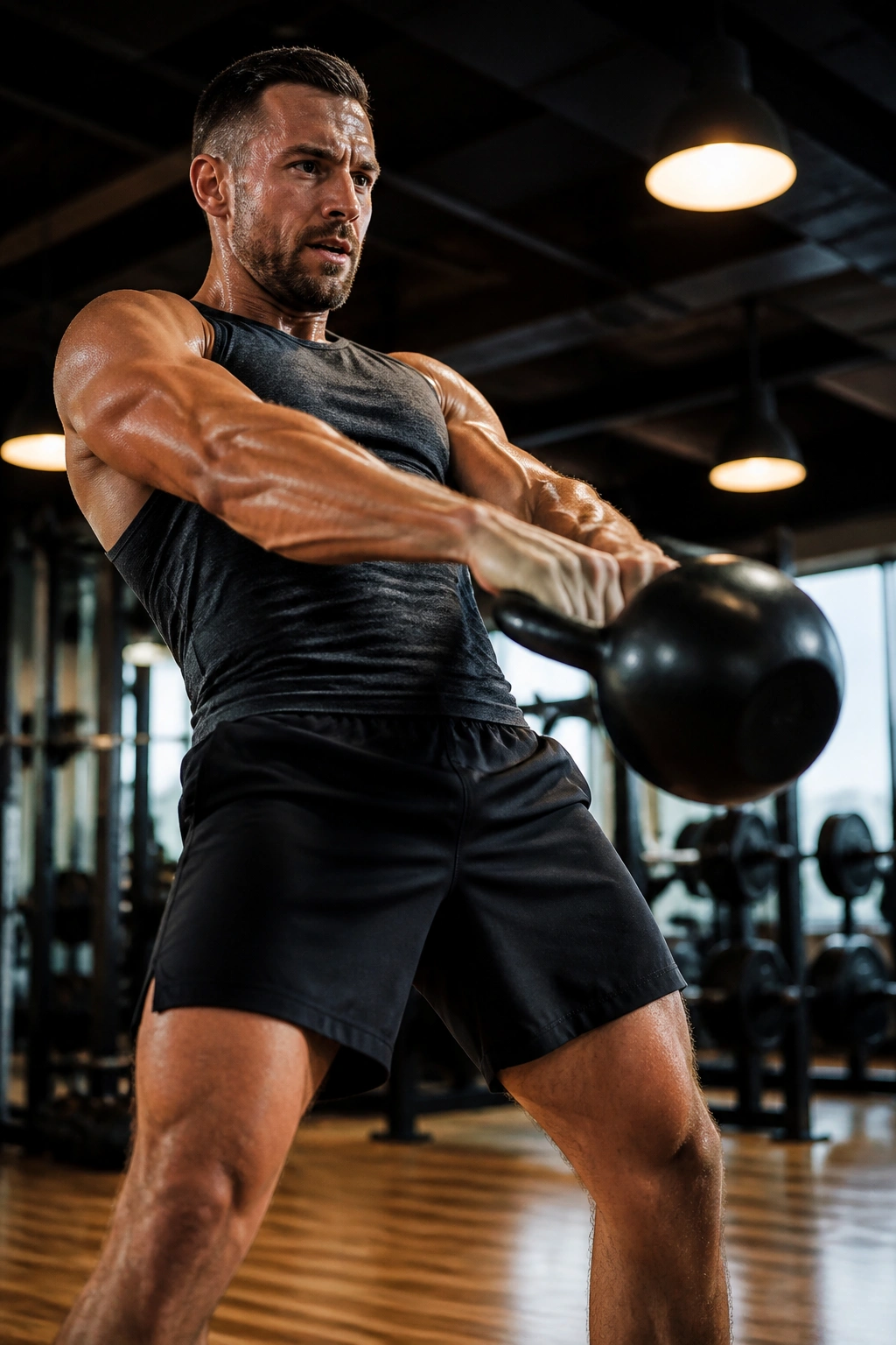 Person performing kettlebell swing in gym with strong hip hinge