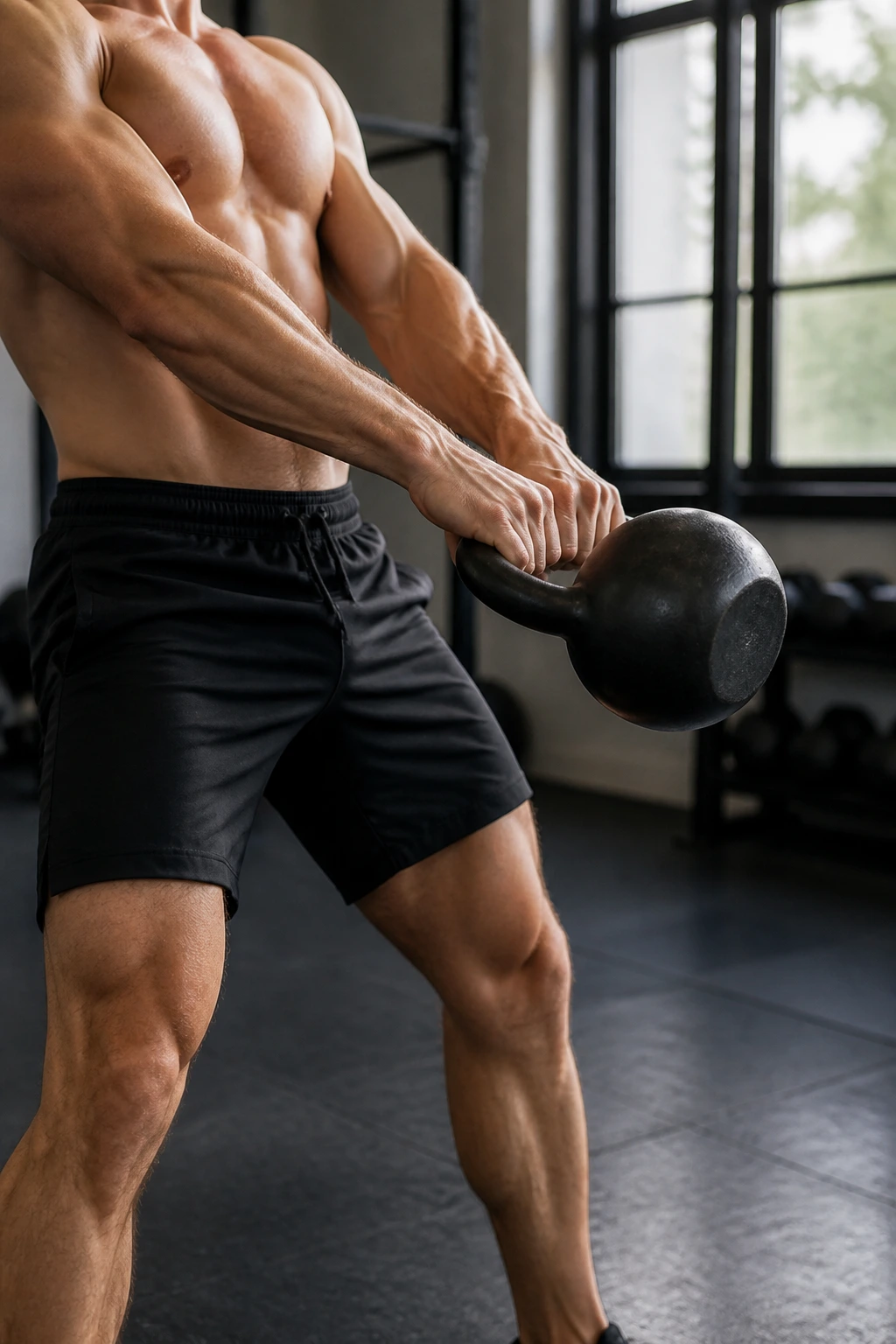 Lifter performing kettlebell swings with hip hinge drive
