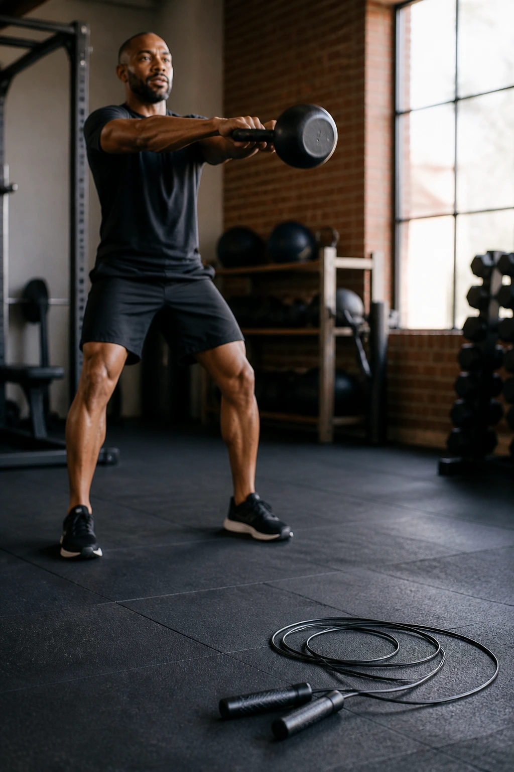 Athlete performing kettlebell swings with jump rope nearby in gym
