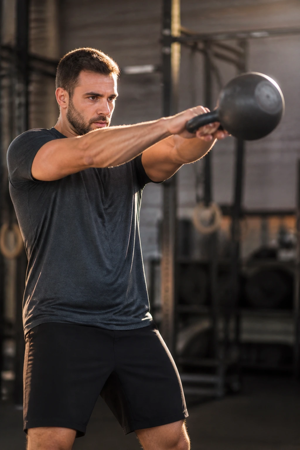 Close-up of a person performing a two-handed kettlebell swing in a gym