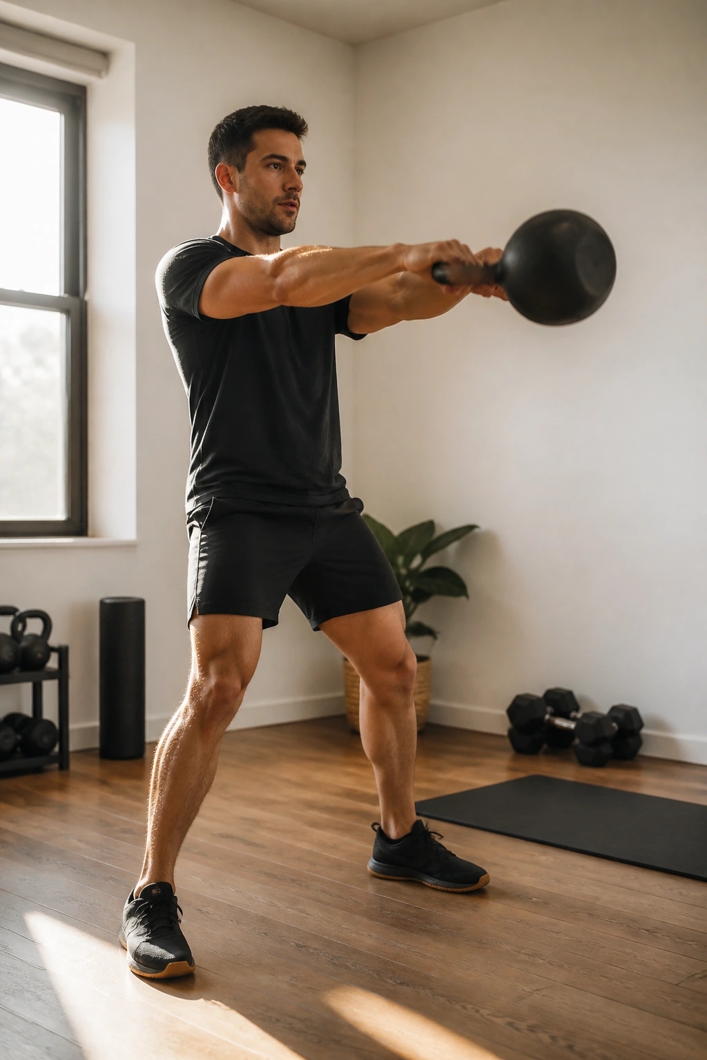 Person performing a kettlebell swing in a home gym.