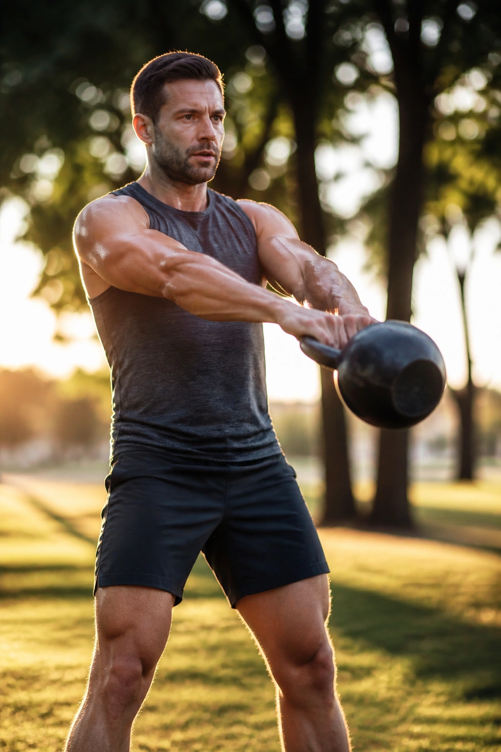 Person doing kettlebell swing in park at golden hour