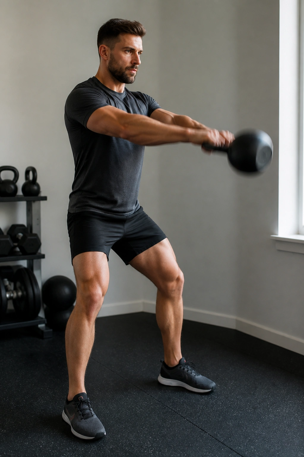 Real person performing kettlebell swing focusing on posterior chain in a minimalist gym.