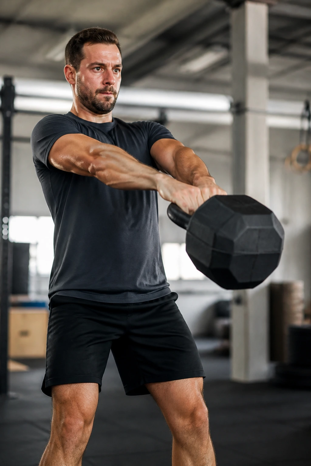 Medium close-up of a person swinging a kettlebell in a gym