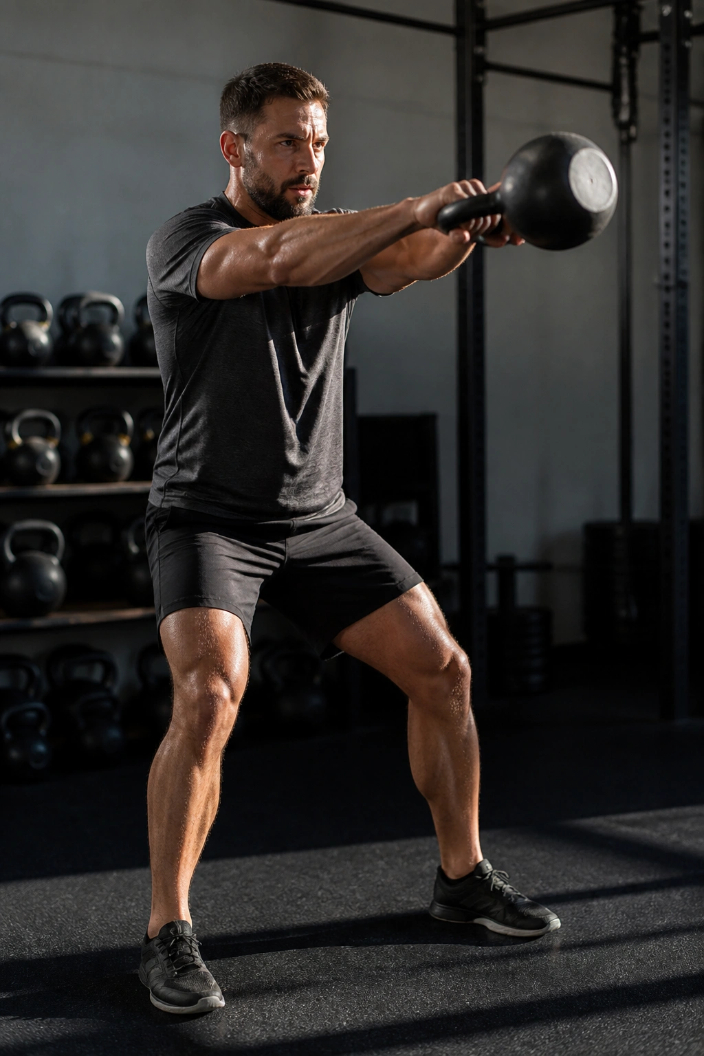 Person performing a kettlebell swing in a gym focusing on power and grip