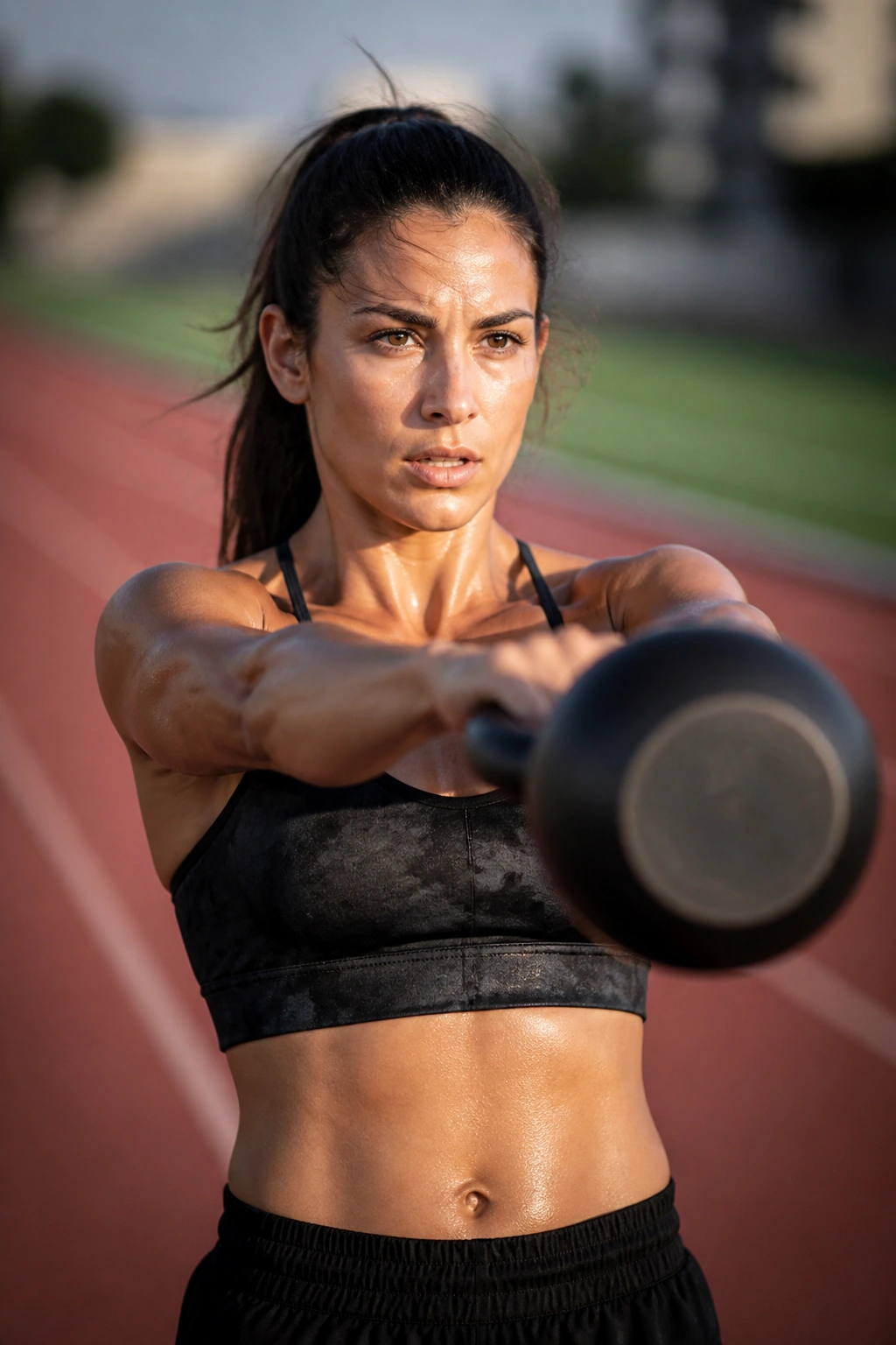 Athlete performing kettlebell swing with running track in background