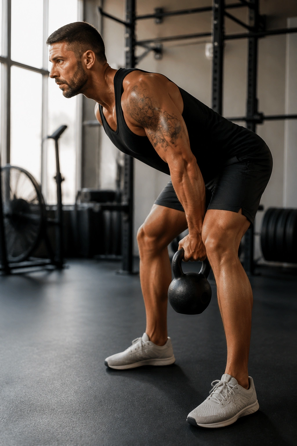 Person performing a kettlebell swing with proper hip hinge in a gym