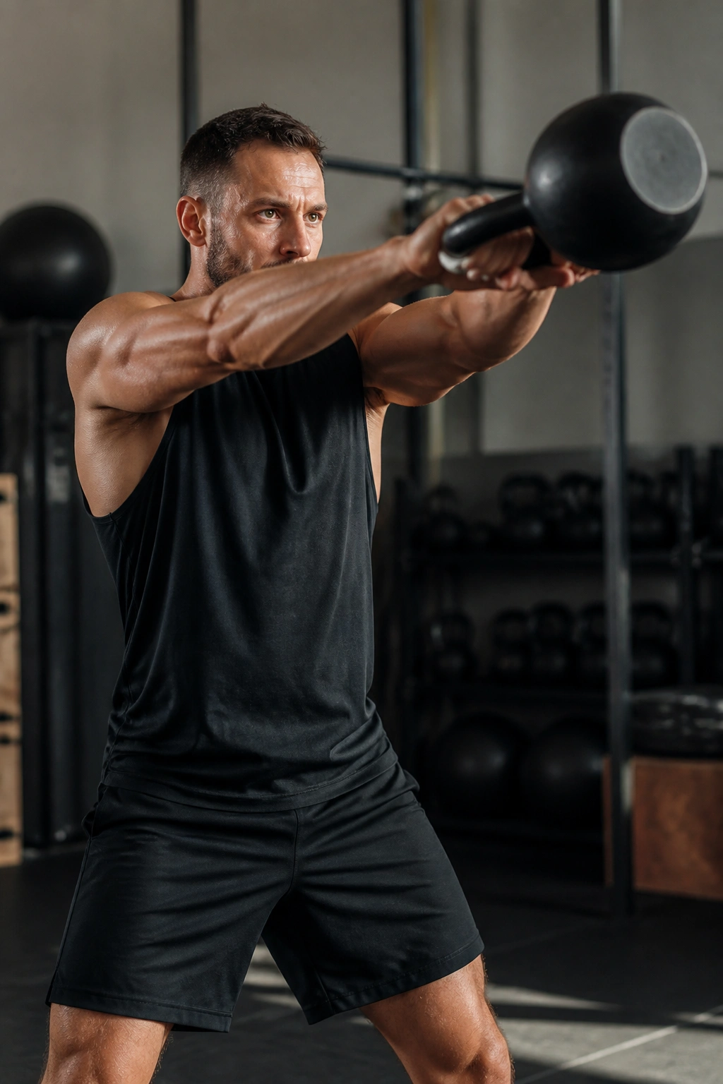 Medium close-up of person performing kettlebell swing in a gym.