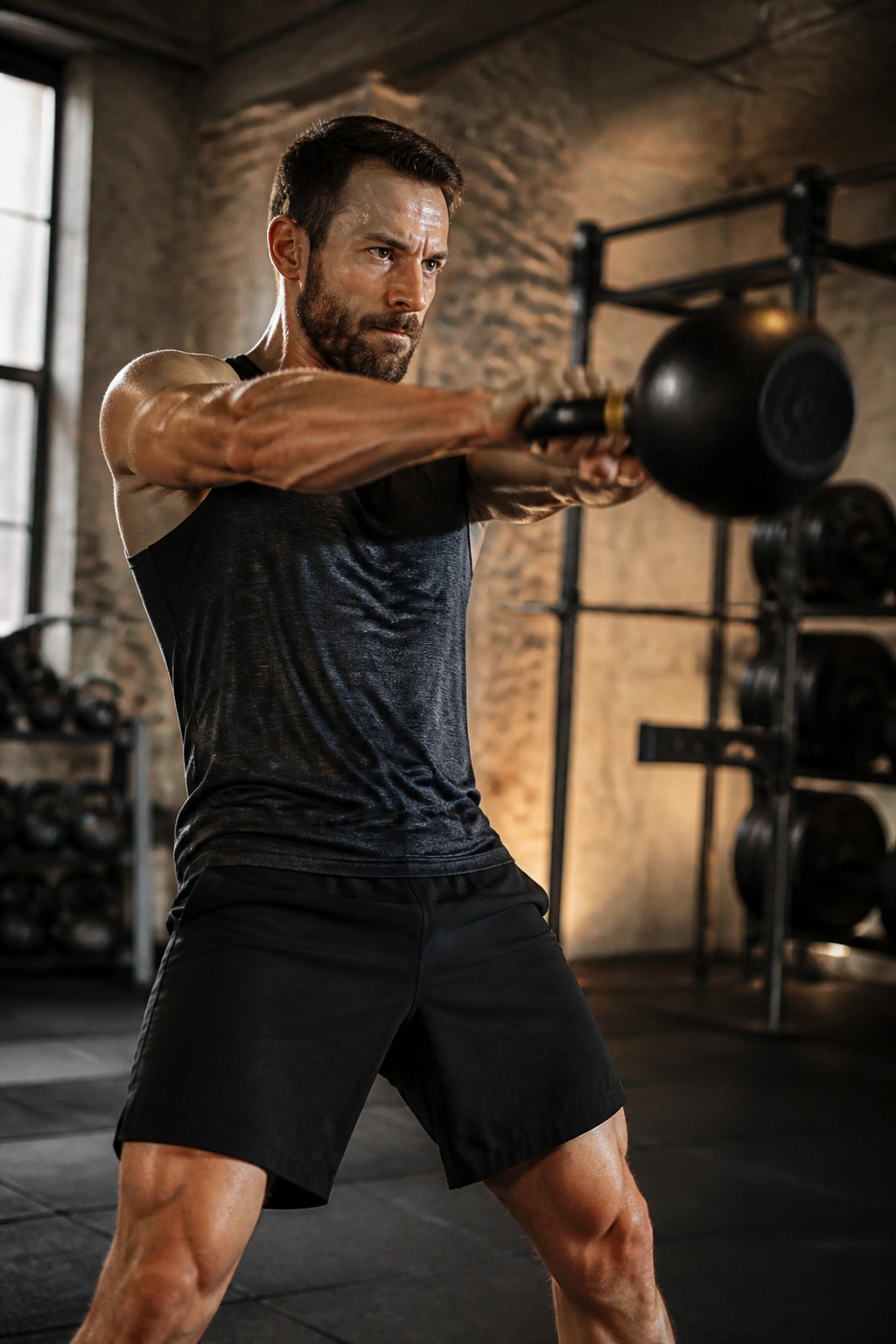 Athlete performing heavy kettlebell swing in gym