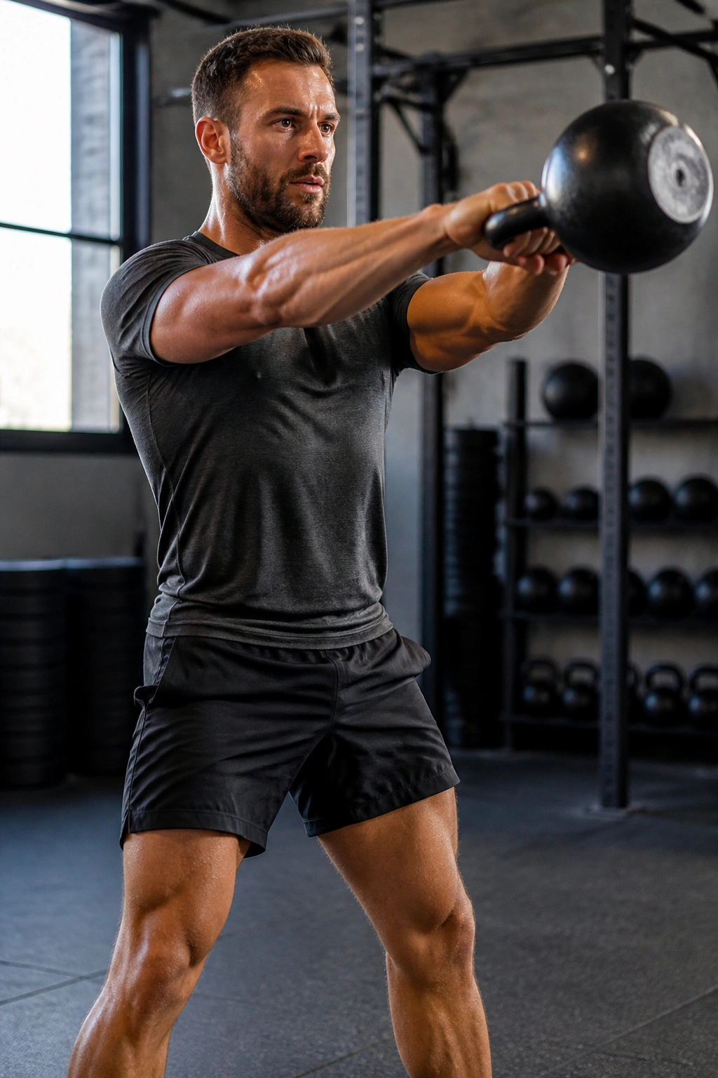 Athlete performing kettlebell swing in a gym setting