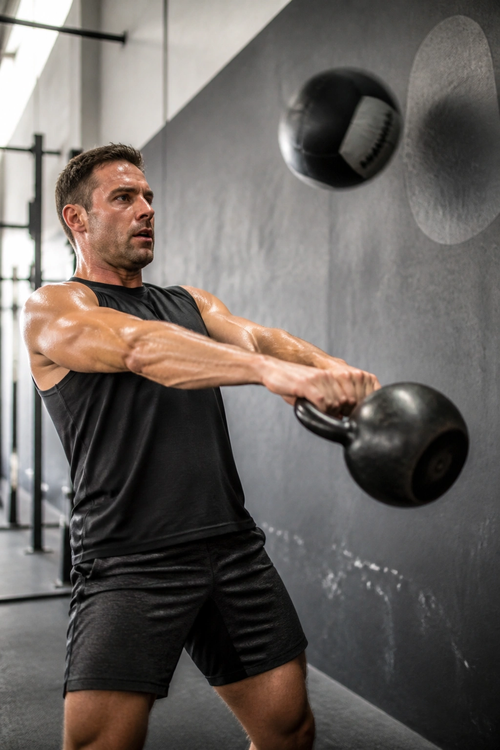 Athlete performing kettlebell swing with wall ball in gym
