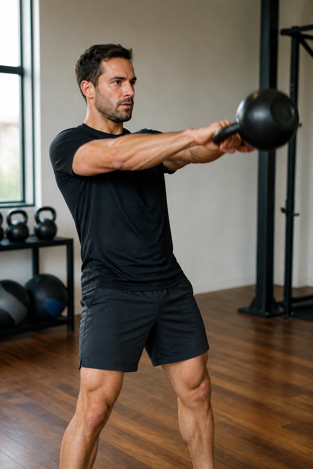 Person performing a kettlebell swing in a gym