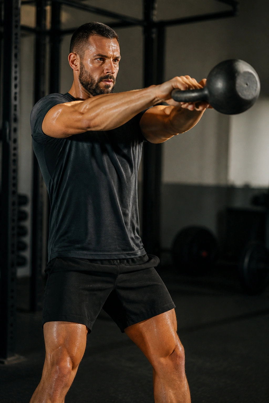 Person performing a kettlebell swing demonstrating hip hinge and core engagement