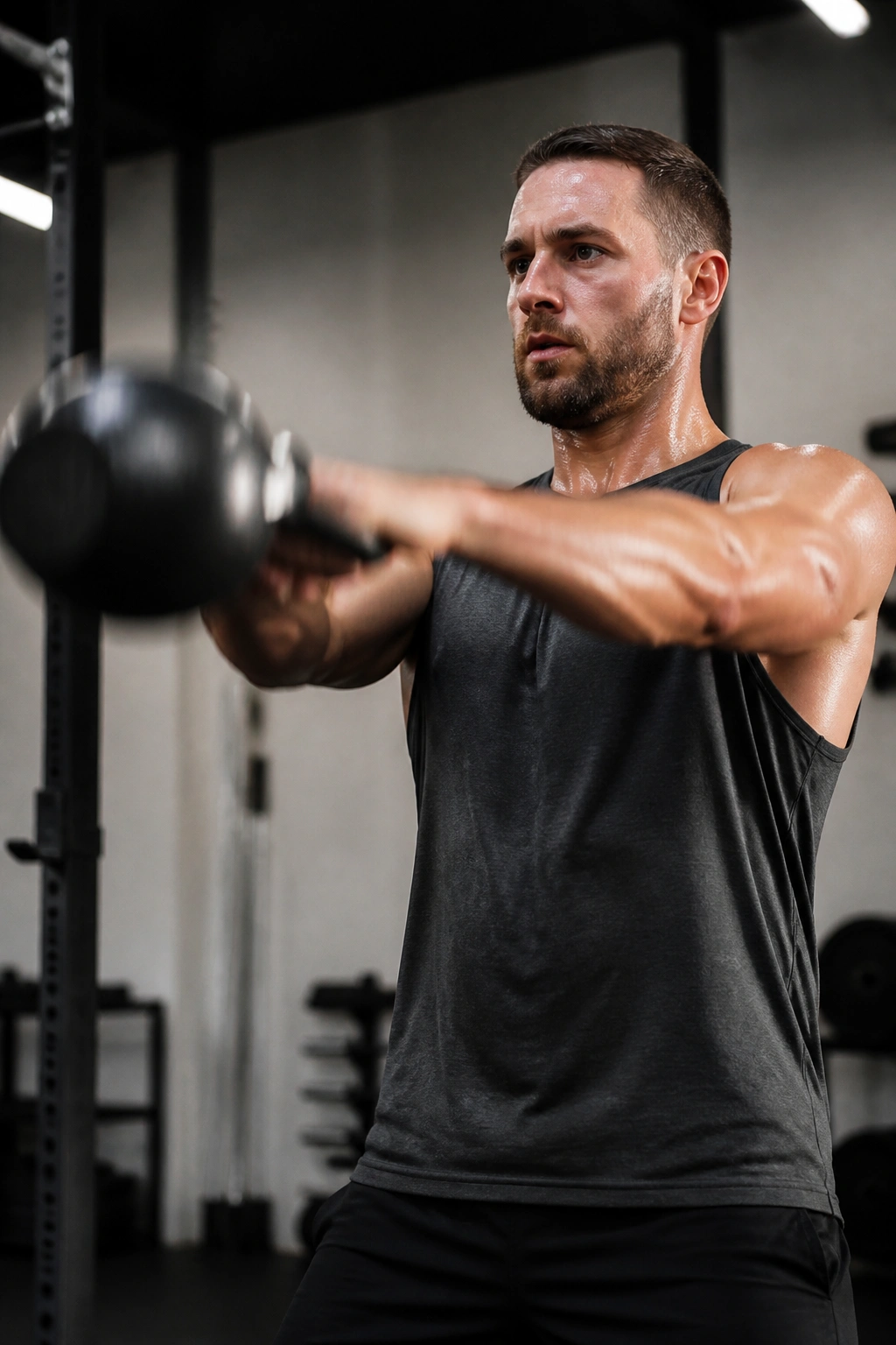 Medium close-up of a person performing kettlebell swings in a gym