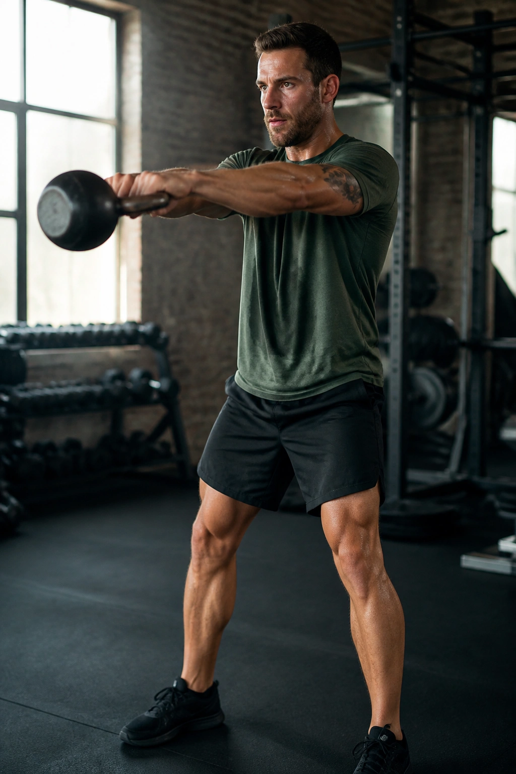 Athlete performing kettlebell swings during a full-body benchmark workout in a gym