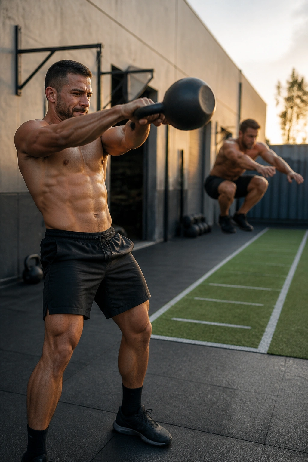 Athlete doing kettlebell swings and broad jumps
