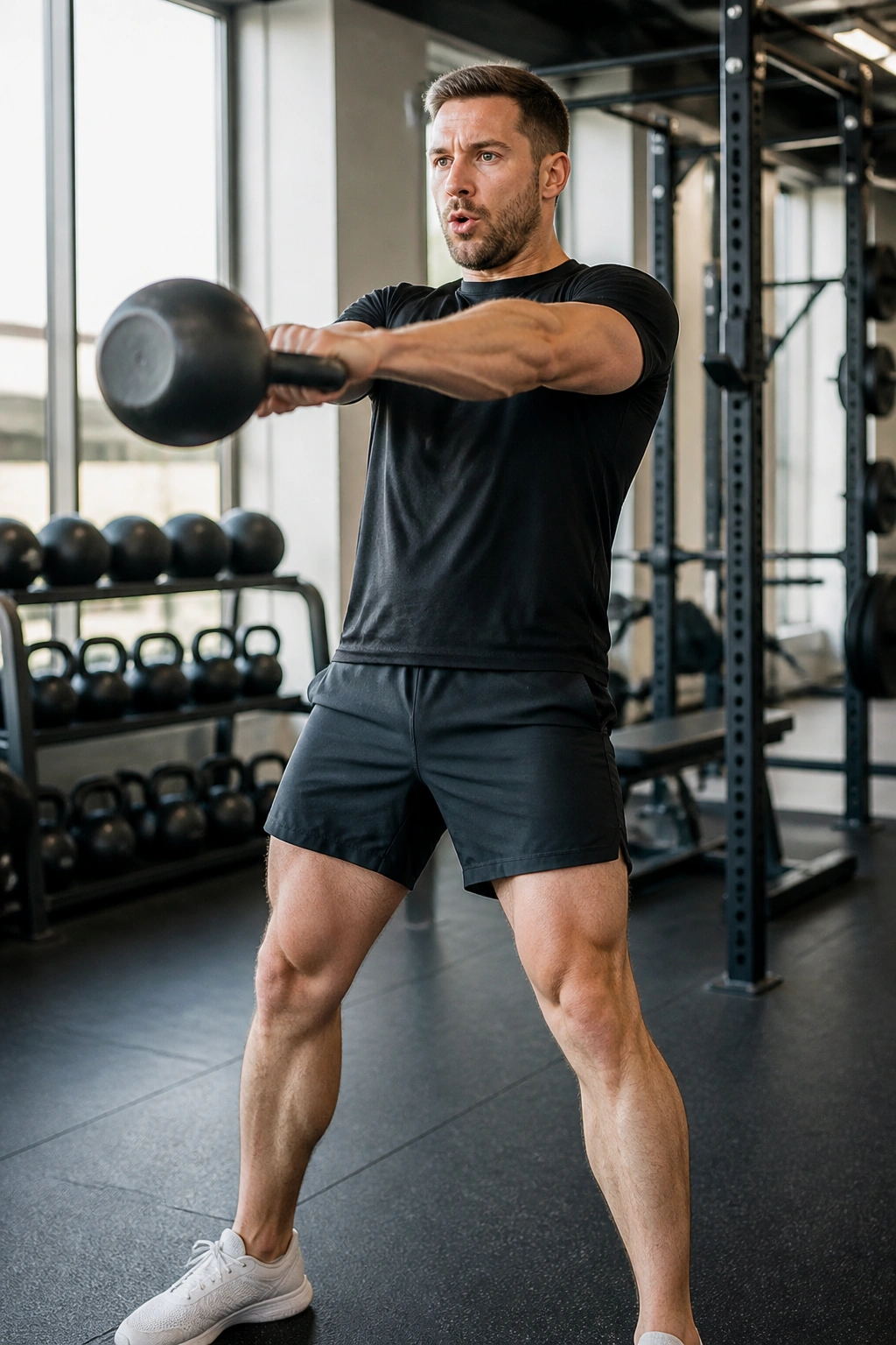 Person performing kettlebell swings in a gym during a circuit