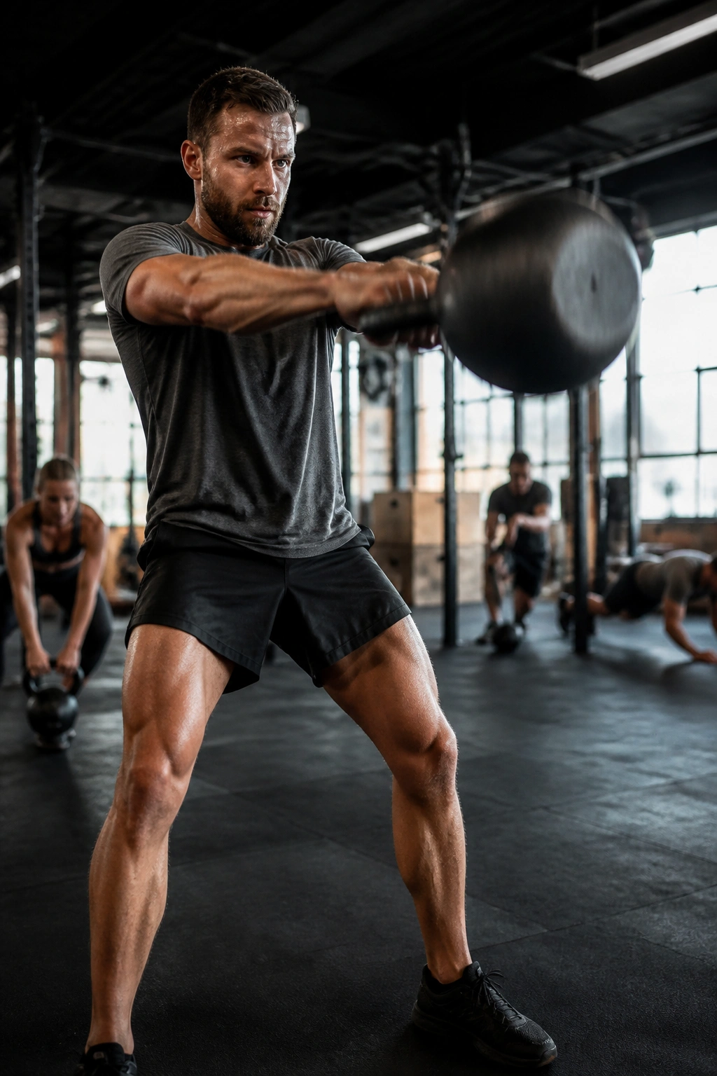 Lifter performing kettlebell swings at pace to reflect EMOM workout in a gym