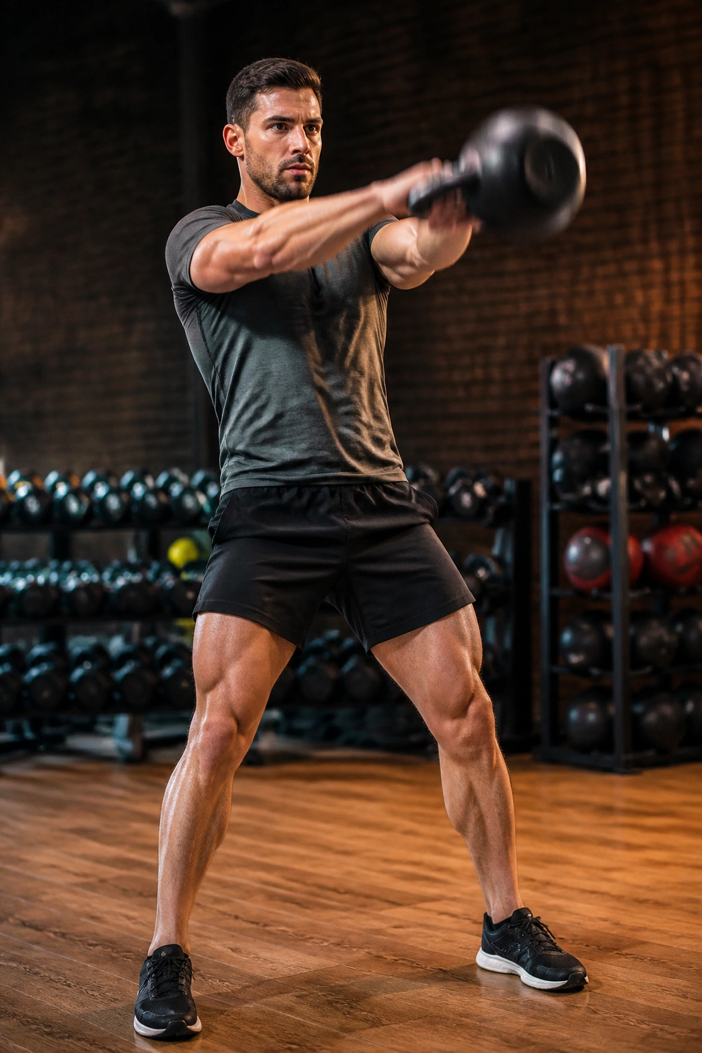 Medium shot of a person performing kettlebell swings in a gym