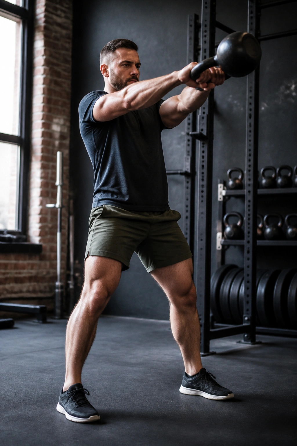 Person performing two-handed kettlebell swings with strong hip hinge