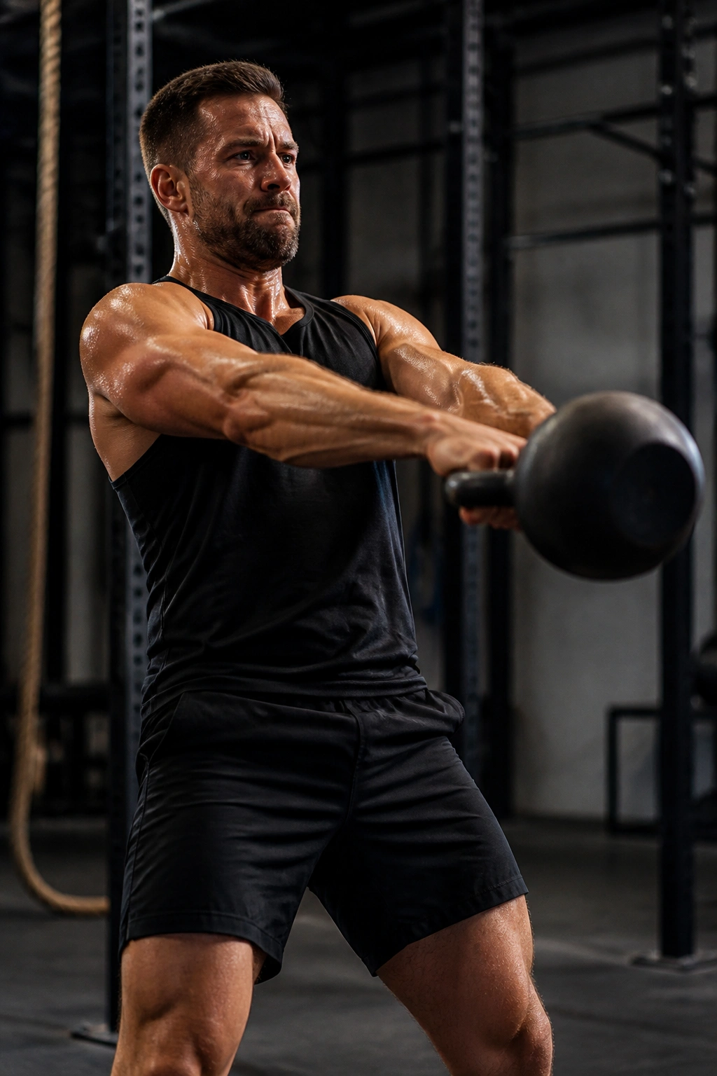Real person performing kettlebell swings in gym